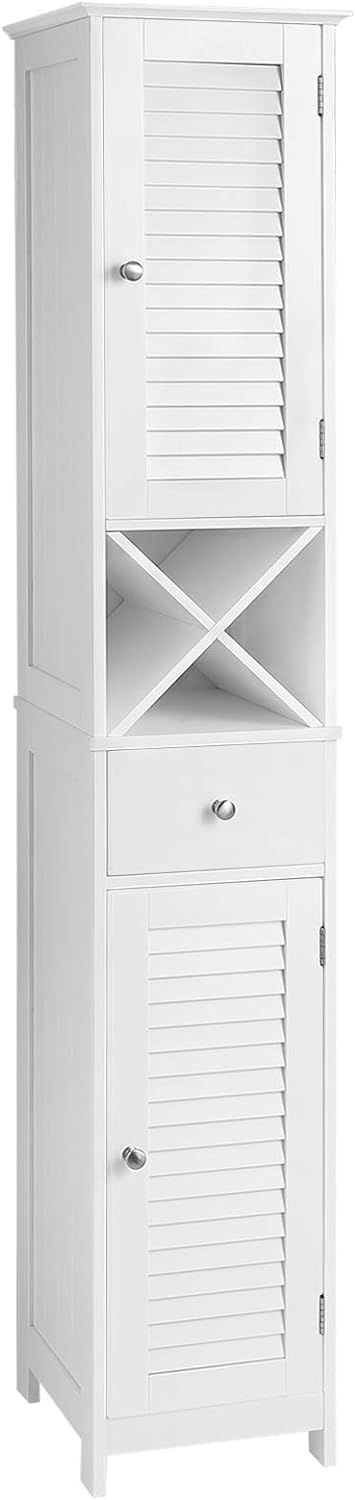 VASAGLE Bathroom Tall, Freestanding Storage Cabinet with Shutter Doors, Drawer, and Removable X-Shaped Stand, 66.9 Inches, Scandinavian Style, White UBBC69WT, 11.8 Dx12.6 Wx66.9 H, Engineered Wood