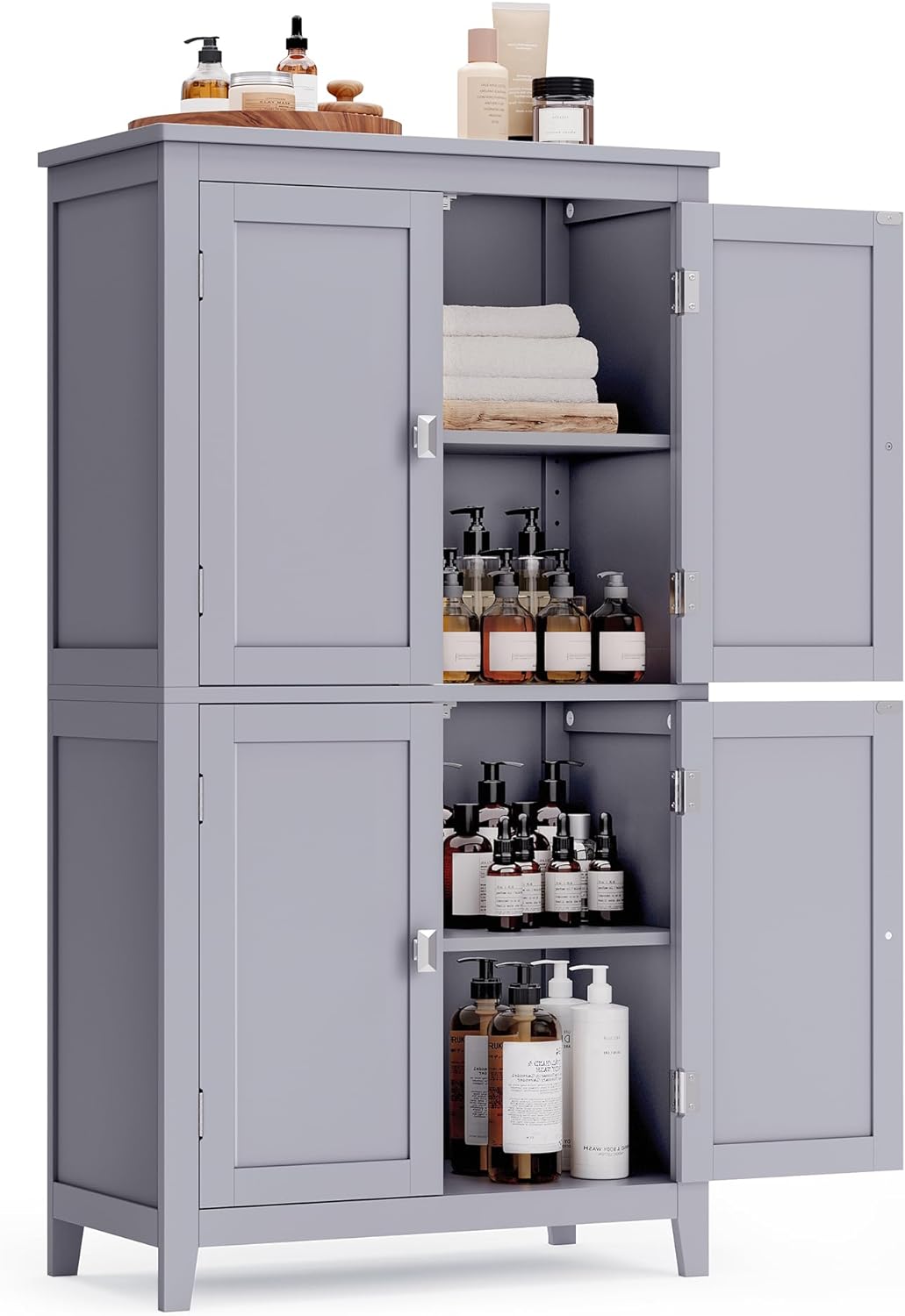 VASAGLE Bathroom Floor Storage Cabinet, Bathroom Storage Unit, Freestanding Cabinet with 4 Doors, Adjustable Shelves, 11.8 x 23.6 x 43.3 Inches, Mystic Gray UBBC552P36