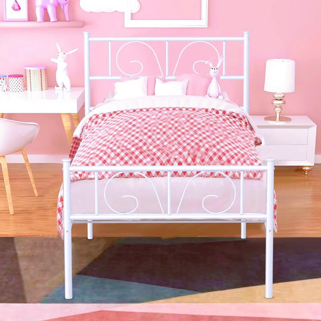 GIME White Twin Size Bed Frames with Storage Twin Bed Frame No Box Spring Needed Single Metal Beds for Kids/Student