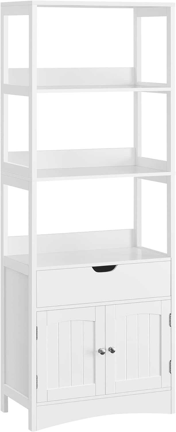 VASAGLE Bathroom Storage Cabinet, Freestanding Linen Tower, Tall Bookcase with 3 Open Shelves, 1 Large Drawer, 12.8 x 23.6 x 60.6 Inches, for Entryway, Kitchen, Study, White UBBC67WT