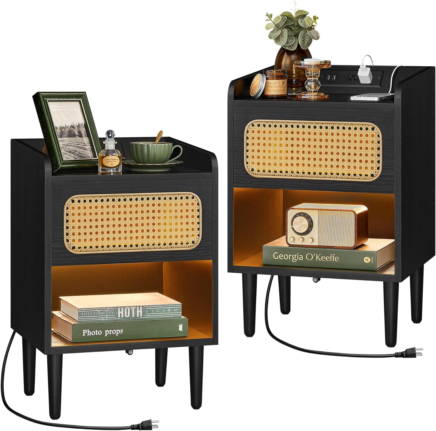 VASAGLE BOHOVEN Collection - Nightstands with Charging Station, Set of 2, Bedside Tables with Motion Sensor Lights, Rattan-Like Side End Tables, Solid Wood Legs, for Bedroom, Boho Style, Ebony Black