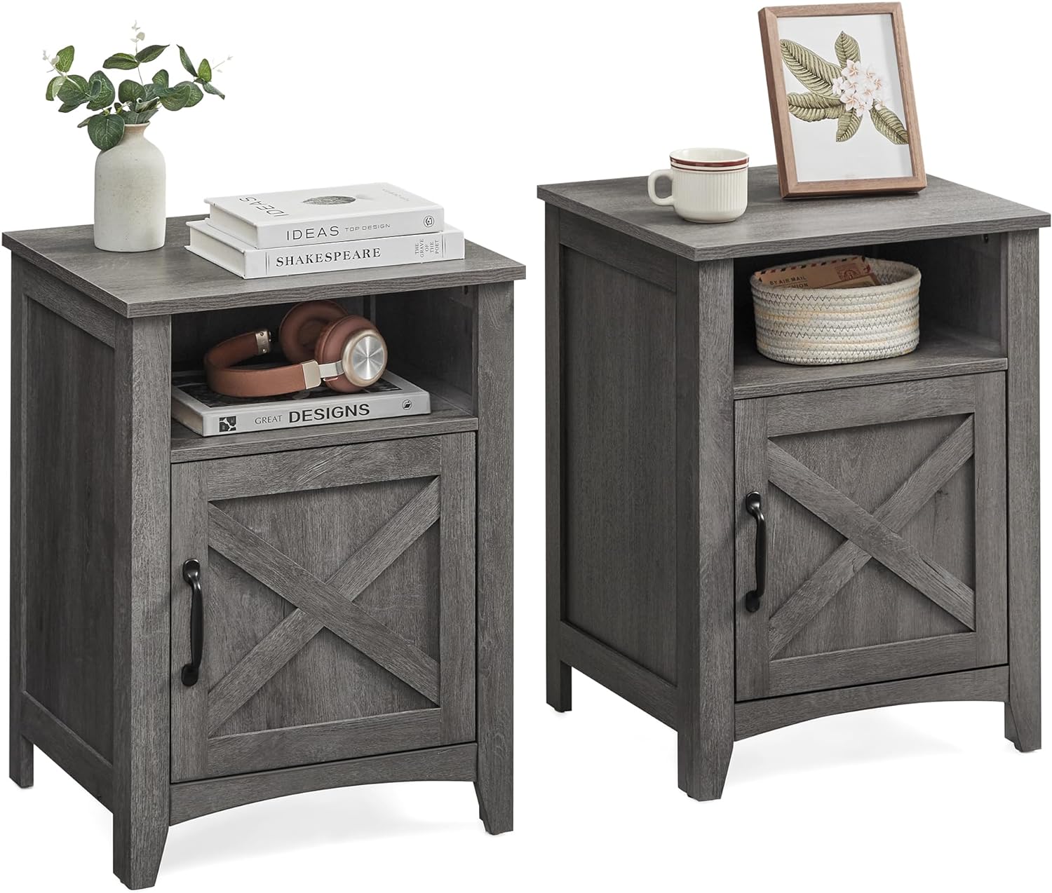 VASAGLE Farmhouse Nightstand with Barn Door, Set of 2, Bedside Table with Storage, Side End Table, Night Stand with Open Compartment, for Bedroom, Misty Gray ULET809G68