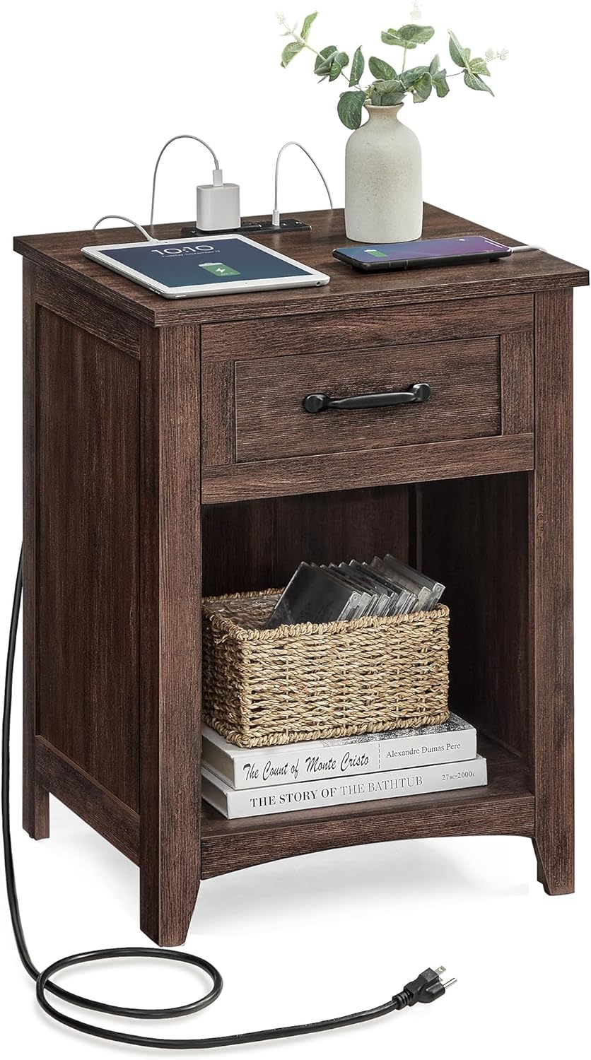 VASAGLE Farmhouse Nightstand with Charging Station, Bedside Table with Drawer, Open Compartment, Side Table with Storage, for Bedroom, Maroon Brown ULET659K51