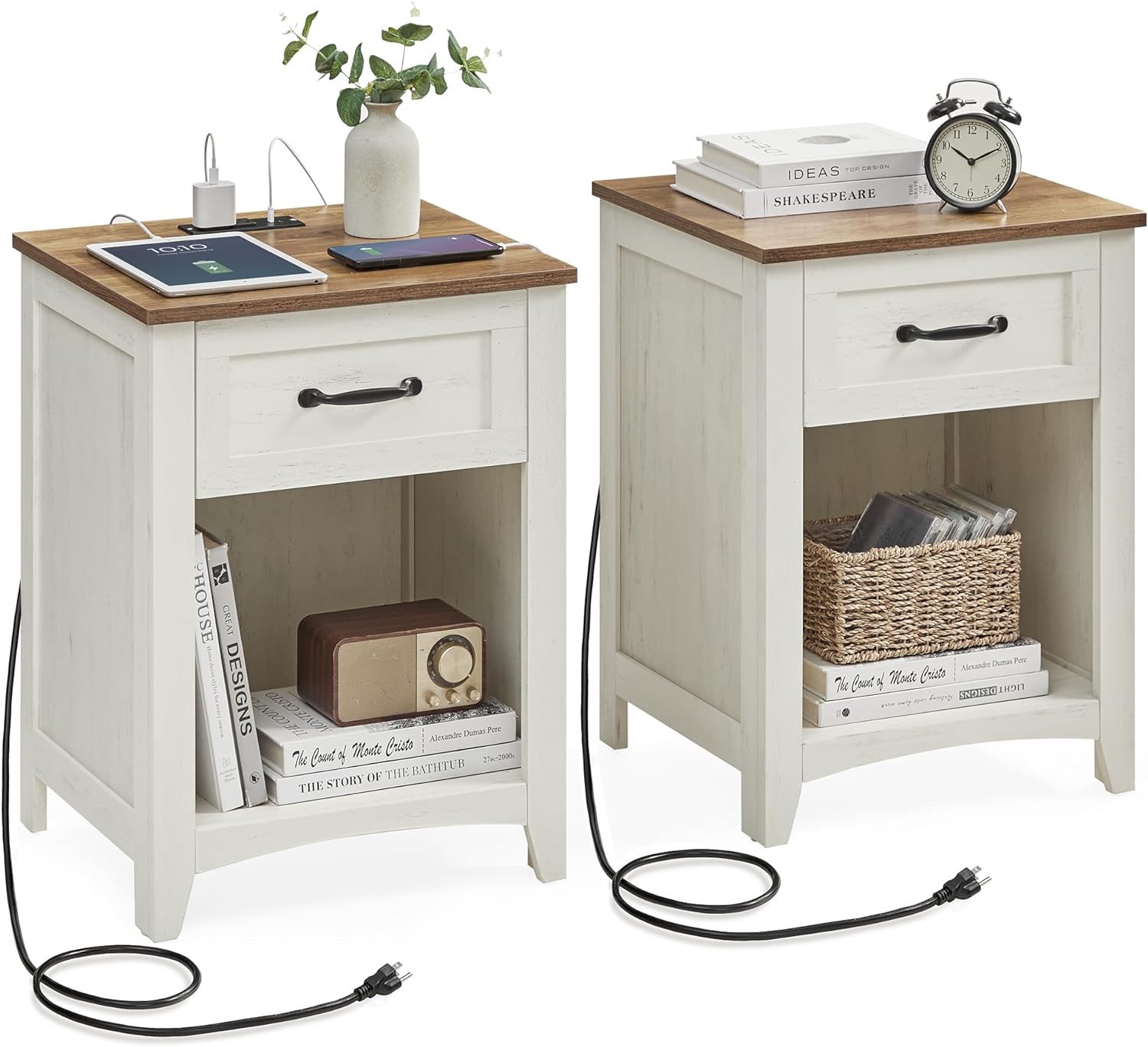 VASAGLE Farmhouse Nightstands with Charging Station, Set of 2, Bedside Tables with Drawer, Open Compartment, Side Tables with Storage, for Bedroom, Rustic White and Honey Brown ULET859K41