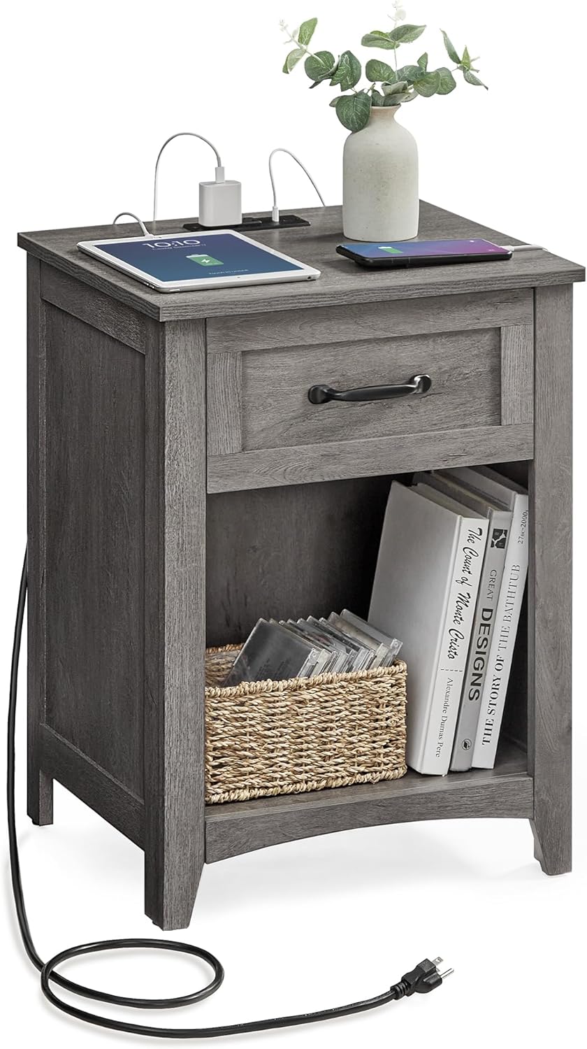 VASAGLE Farmhouse Nightstand with Charging Station, Bedside Table with Drawer, Open Compartment, Side Table with Storage, for Bedroom, Misty Gray ULET659G68