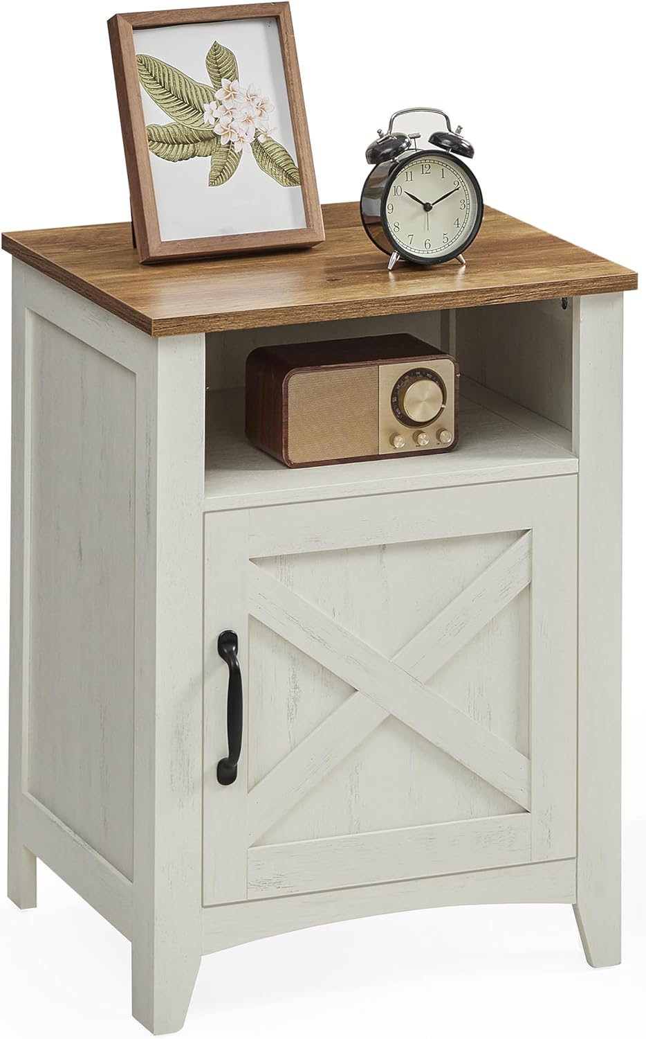 VASAGLE Farmhouse Nightstand with Barn Door, Bedside Table with Storage, Side End Table, Night Stand with Open Compartment, for Bedroom, Rustic White and Honey Brown ULET609K41