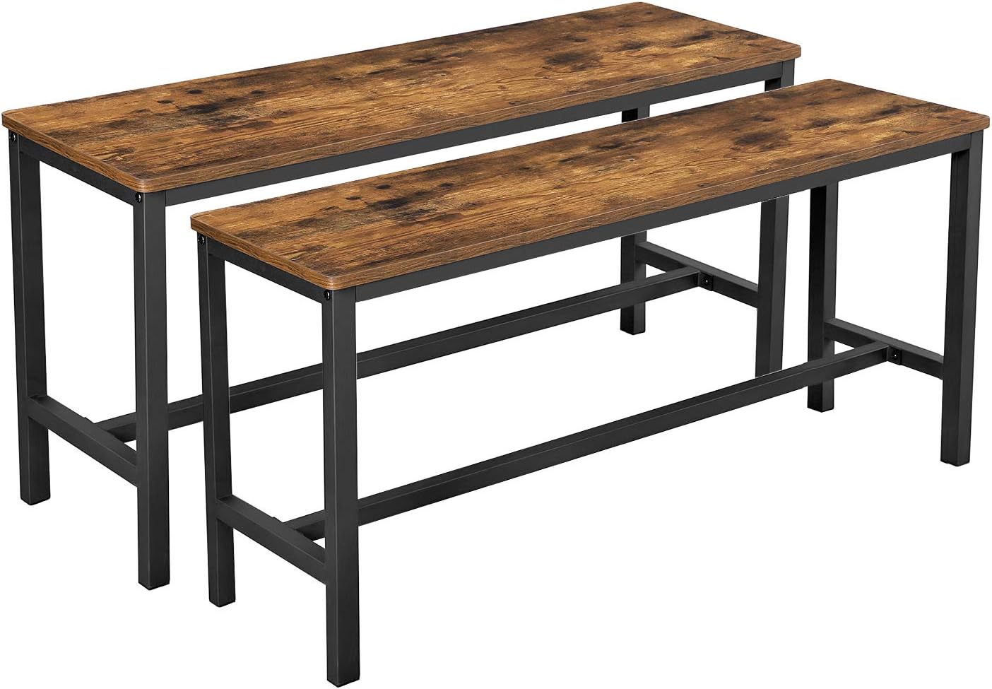 VASAGLE Dining Bench, Pair of 2, Industrial Style, Steel Frame, for Kitchen, Living Room, 12.8 x 42.5 x 19.7 Inches, Rustic Brown   Black