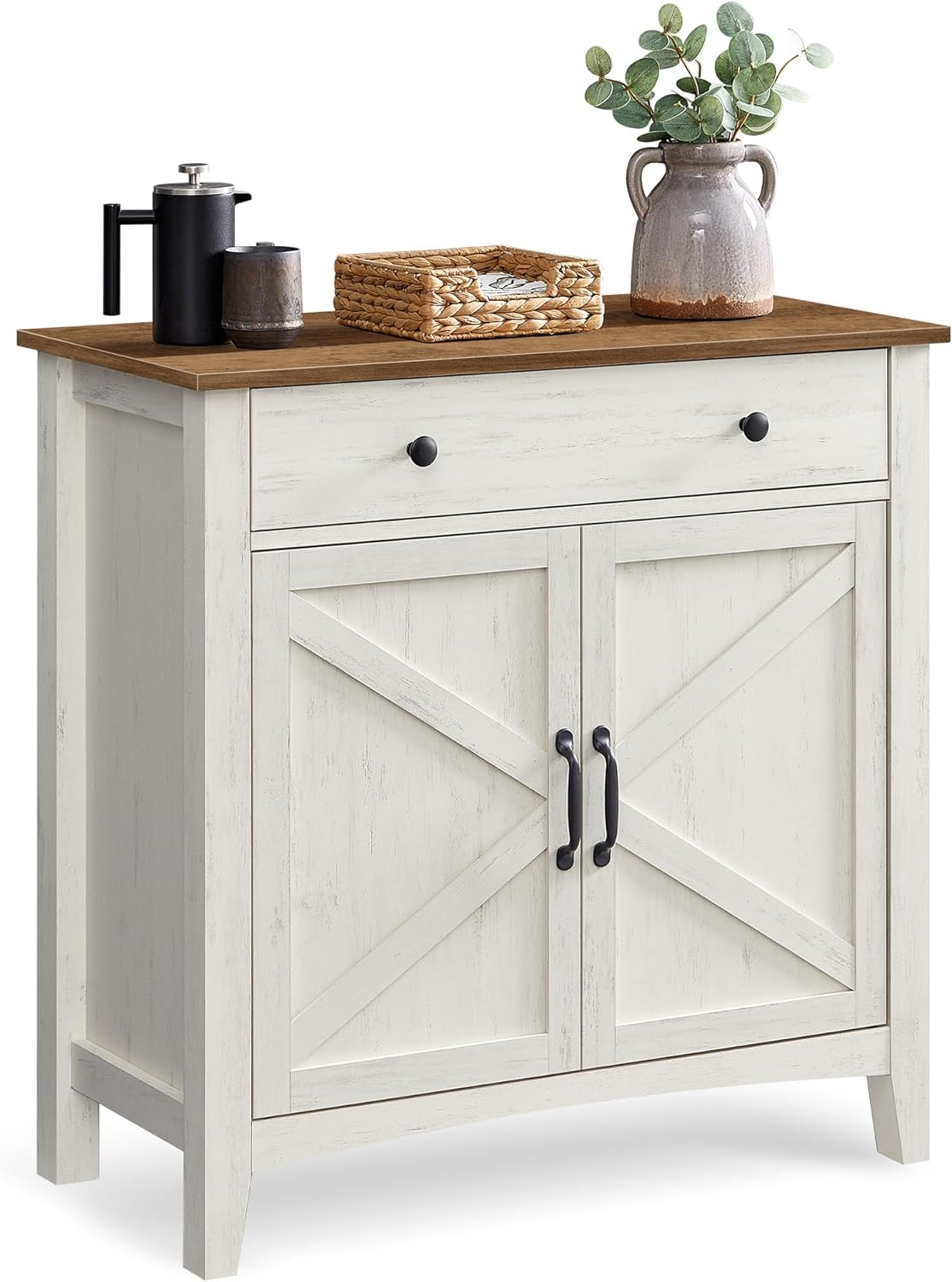 VASAGLE Buffet Cabinet, Sideboard Cabinet with Storage and Drawer, with Doors, Height Adjustable Shelf, Farmhouse Style, for Living Room, Kitchen, Rustic White and Honey Brown UBBK341W01