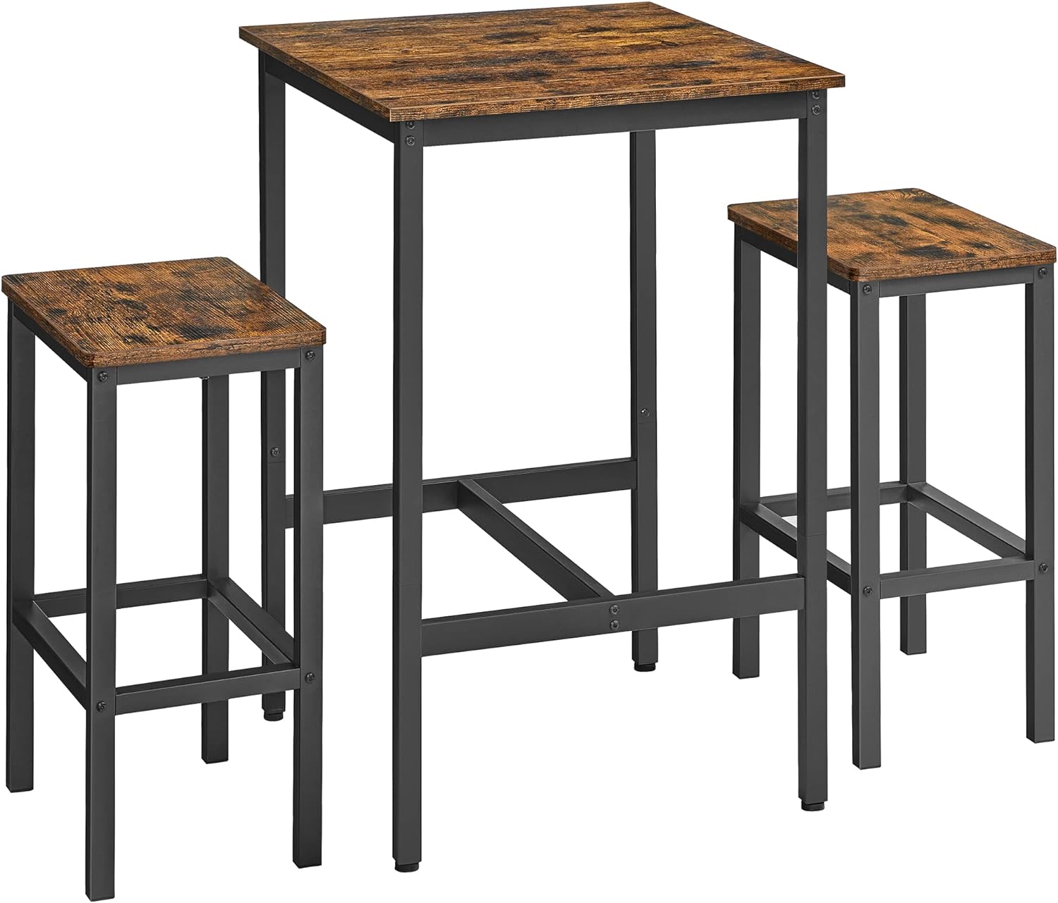 VASAGLE Bar Table and Chairs Set, Square Bar Table with 2 Bar Stools, Dining Pub Bar Table Set for 2, Space Saving for Kitchen Breakfast, Living Room, Party Room, Rustic Brown and Black