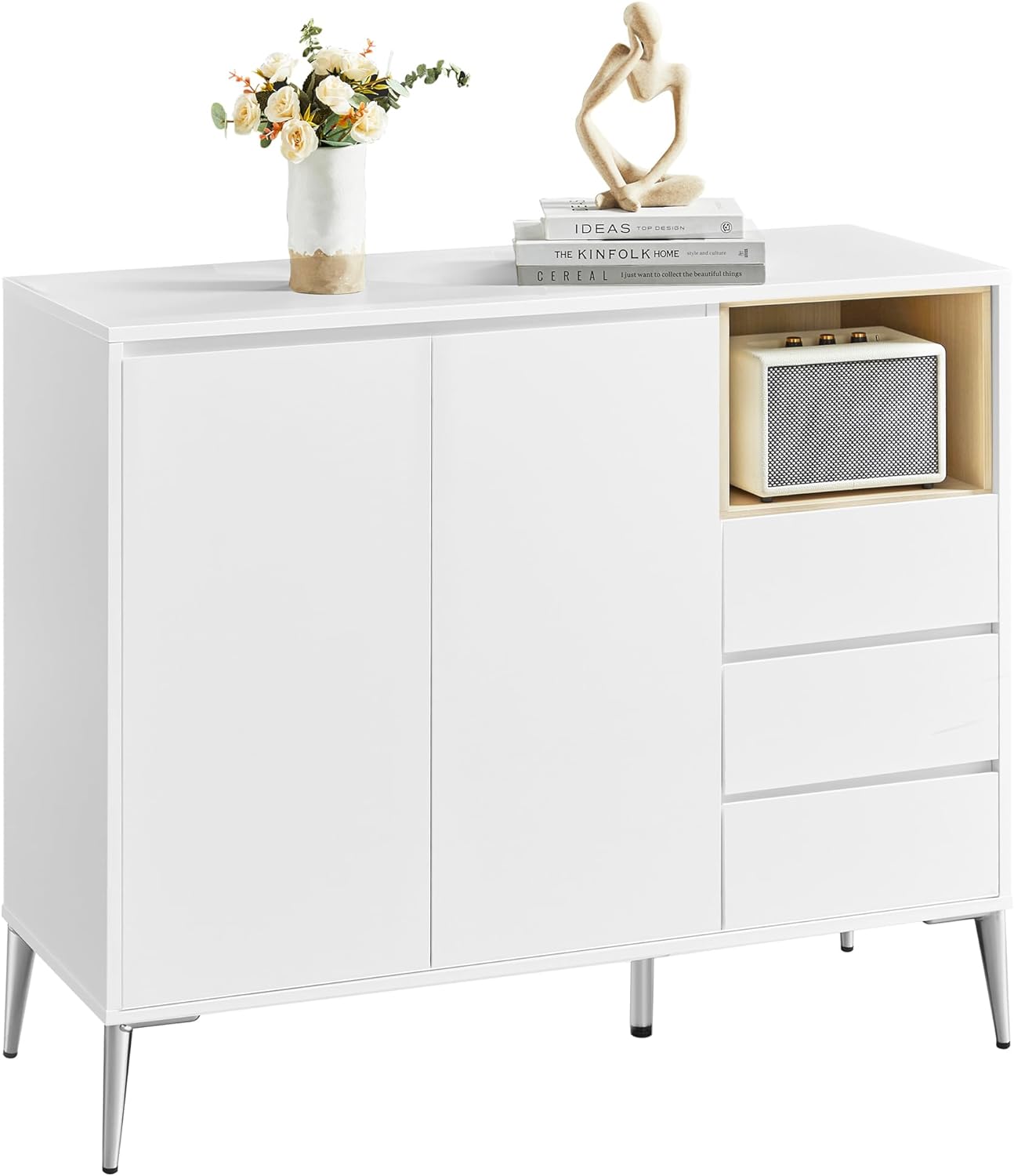 VASAGLE Sideboard, Buffet Cabinet with Doors and Height Adjustable Shelf, 3 Drawers, Open Compartment, Modern, 15.7 x 40.7 x 33.5 Inches, for Living Room, Kitchen, Study, Cloud White UBBK273W11