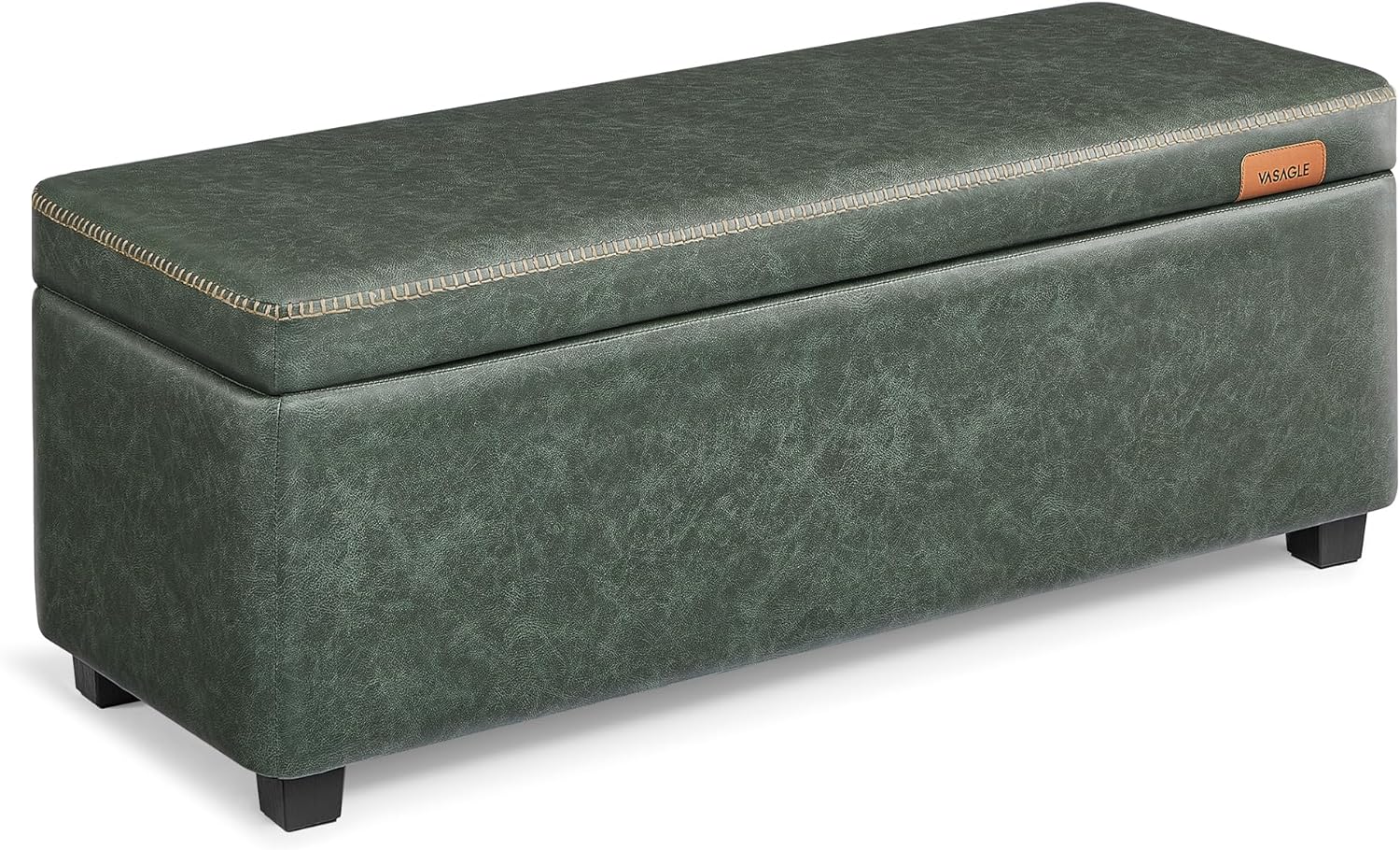 VASAGLE EKHO Collection - Storage Ottoman Bench, Entryway Bedroom Bench, 25 Gallons, Synthetic Leather with Stitching, Mid-Century Modern, Safety Hinges, Loads 660 lb, Forest Green ULOM075C01