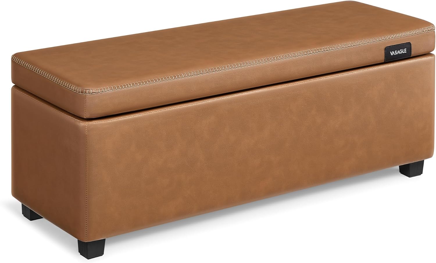 VASAGLE EKHO Collection - Storage Ottoman Bench, Entryway Bedroom Bench, 25 Gallons, Synthetic Leather with Stitching, Mid-Century Modern, Safety Hinges, Loads 660 lb, Caramel Brown ULOM075K01