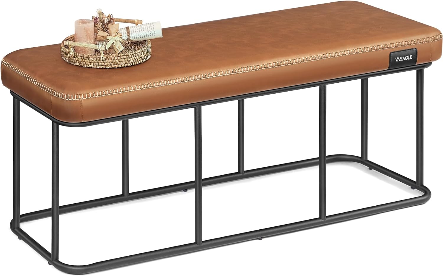 VASAGLE EKHO Collection - Bench for Entryway Bedroom, Synthetic Leather with Stitching, Ottoman Bench with Steel Frame, Living Dining Room, Mid-Century Modern, Loads 660 lb, Caramel Brown ULOM073K01