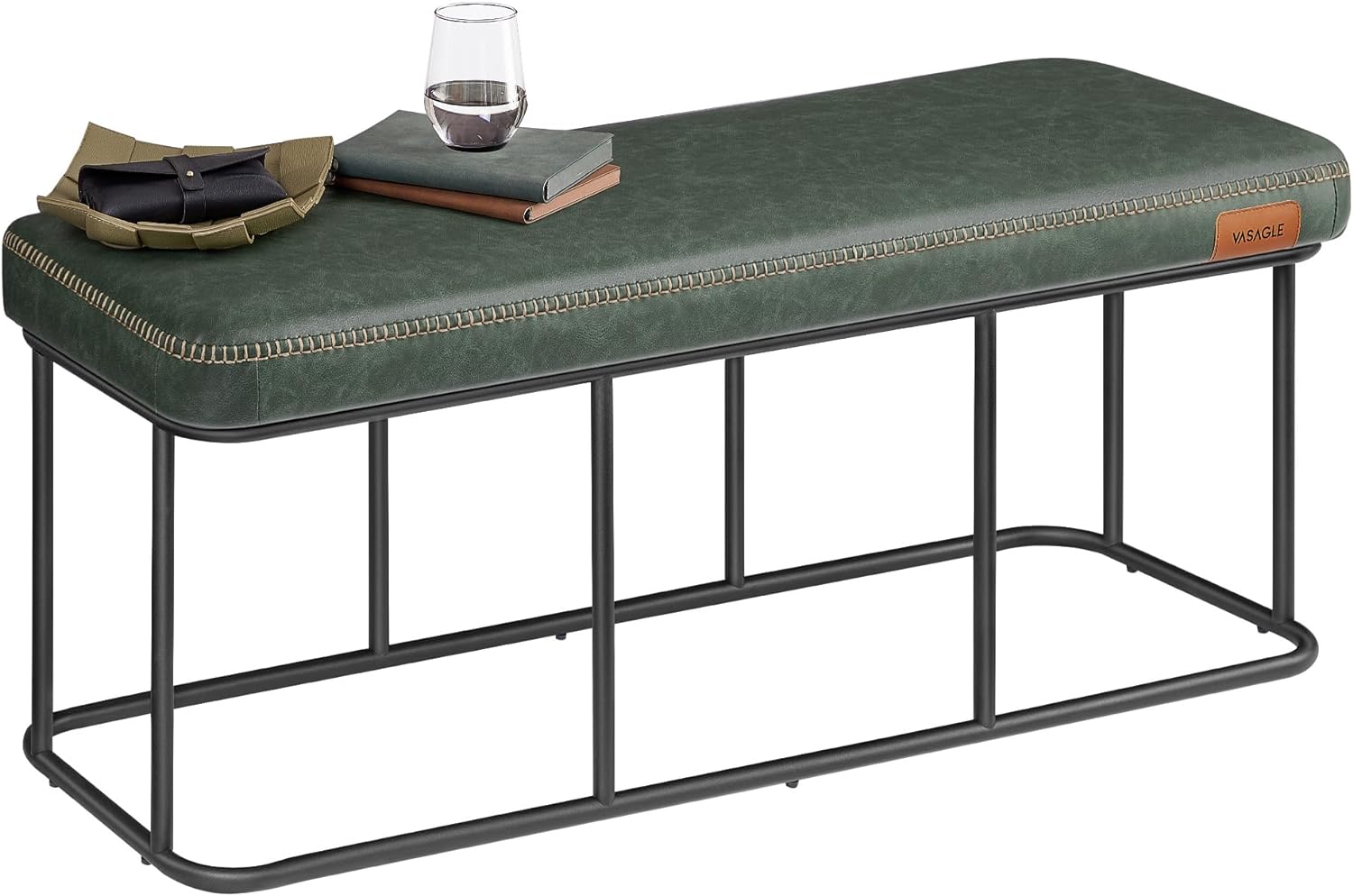 VASAGLE EKHO Collection - Bench for Entryway Bedroom, Synthetic Leather with Stitching, Ottoman Bench with Steel Frame, Living Dining Room, Mid-Century Modern, Loads 660 lb, Forest Green ULOM073C01