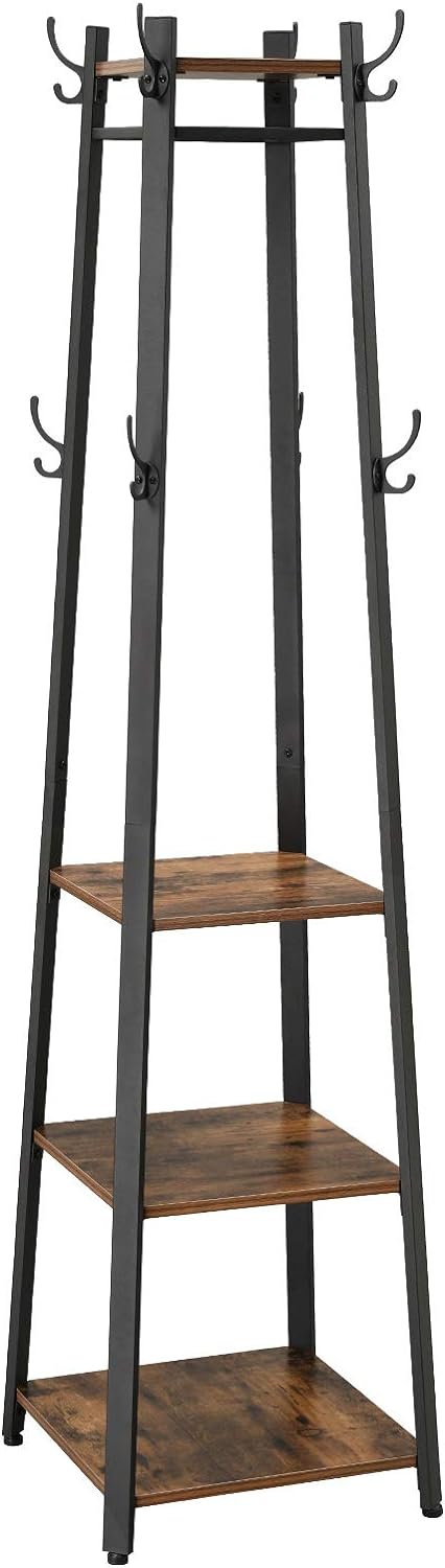 VASAGLE ALINRU Coat Rack with 3 Shelves, Stand with Hooks for Scarves, Bags and Umbrellas, Steel Frame, Industrial Style, Rustic Brown and Black ULCR80X