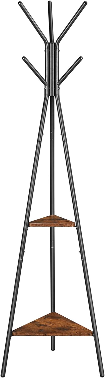 VASAGLE Coat Rack Freestanding, Coat Hanger Stand, Hall Tree with 2 Shelves, for Clothes, Hat, Bag, Industrial Style, Rustic Brown and Black URCR16BX