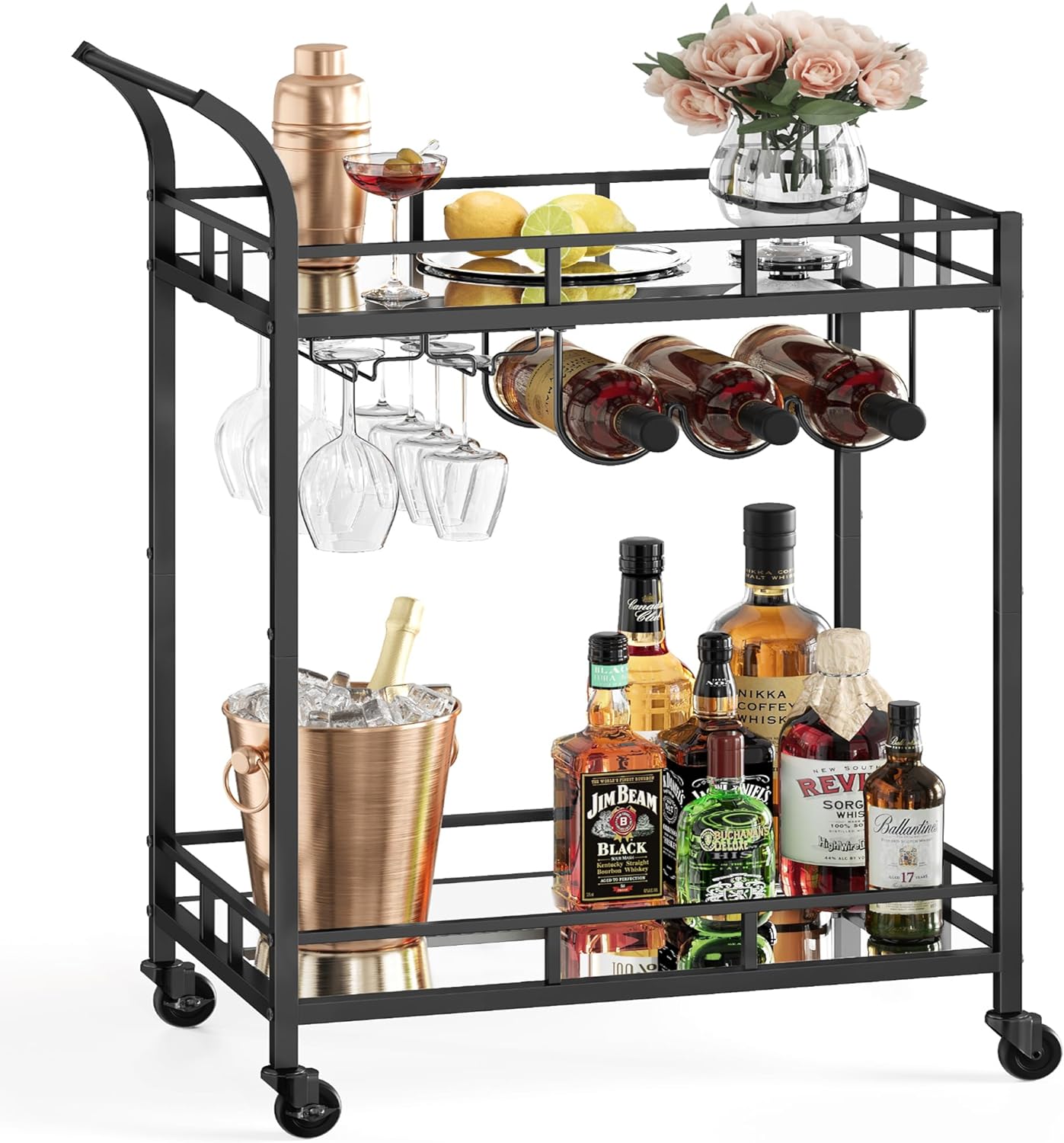 VASAGLE Bar Cart Black, Home Bar Serving Cart, Wine Cart with 2 Mirrored Shelves, Wine Holders, Glass Holders, for Kitchen, Dining Room, Black ULRC092B62