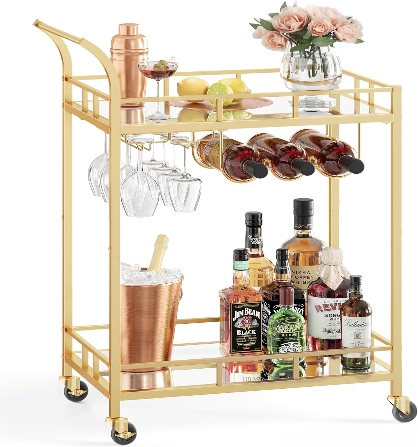 VASAGLE Bar Cart Gold, Home Bar Serving Cart, Wine Cart with 2 Mirrored Shelves, Wine Holders, Glass Holders, for Kitchen, Dining Room, Gold ULRC092A62