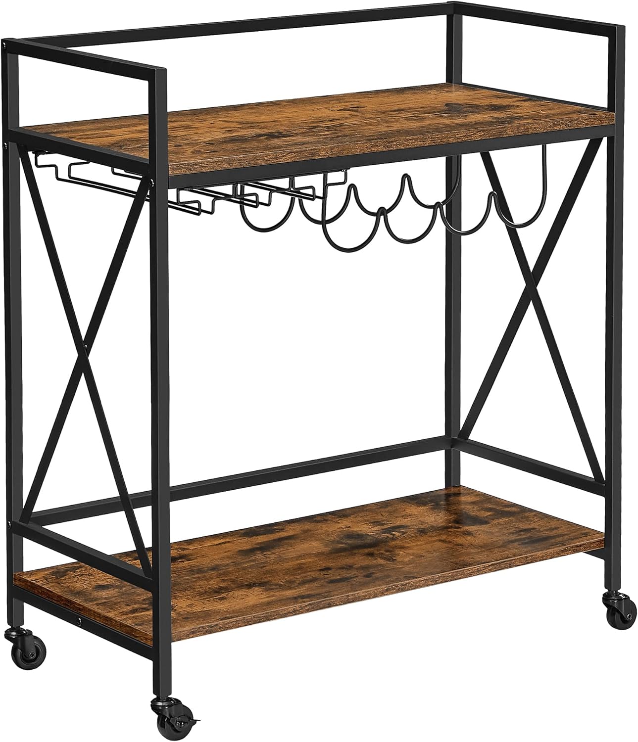 VASAGLE Bar Cart, Serving Cart, Mobile Kitchen Shelf with Glass Stemware Rack and Wine Bottle Holders, Industrial, Rustic Brown and Black ULRC088B01