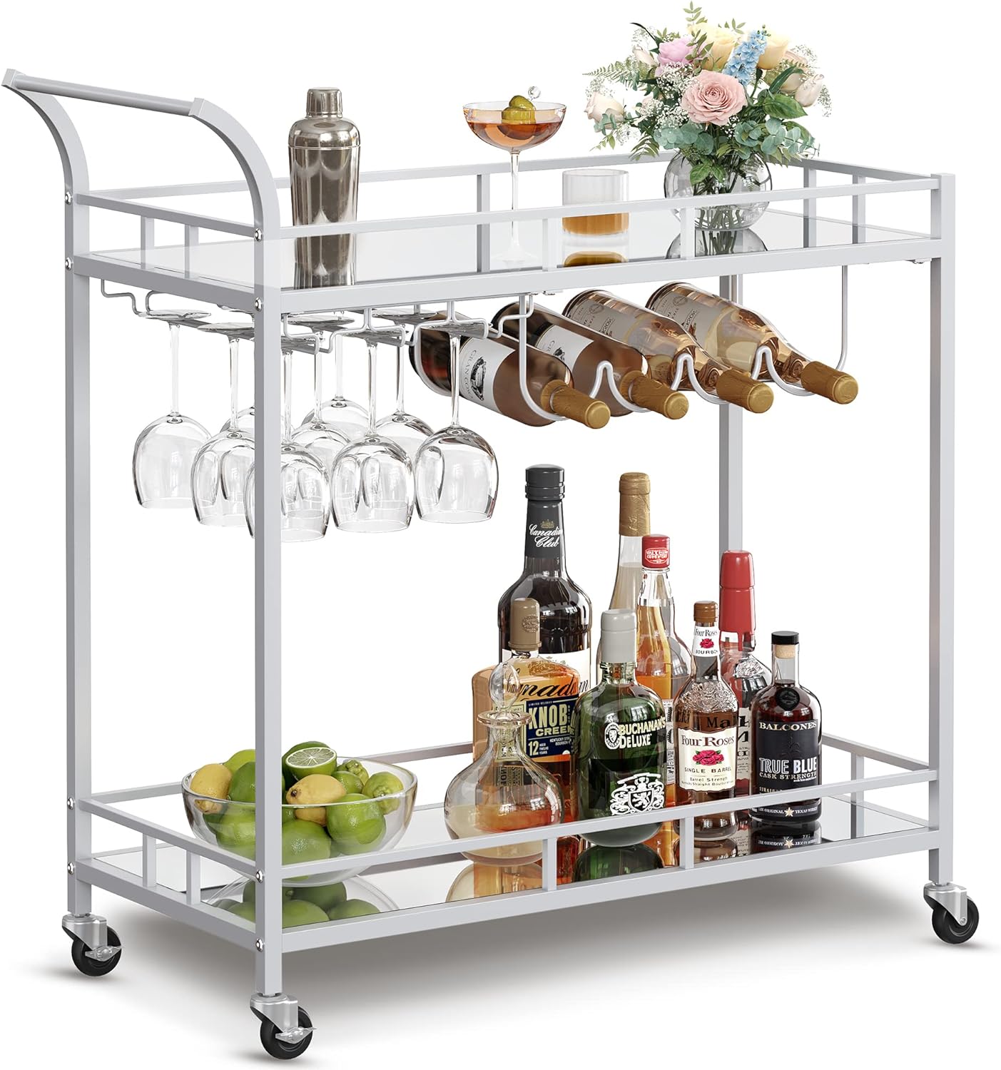 VASAGLE Bar Cart Silver, Home Bar Serving Cart, Wine Cart with 2 Mirrored Shelves, Wine Holders, Glass Holders, for Kitchen, Dining Room, Silver ULRC090E62