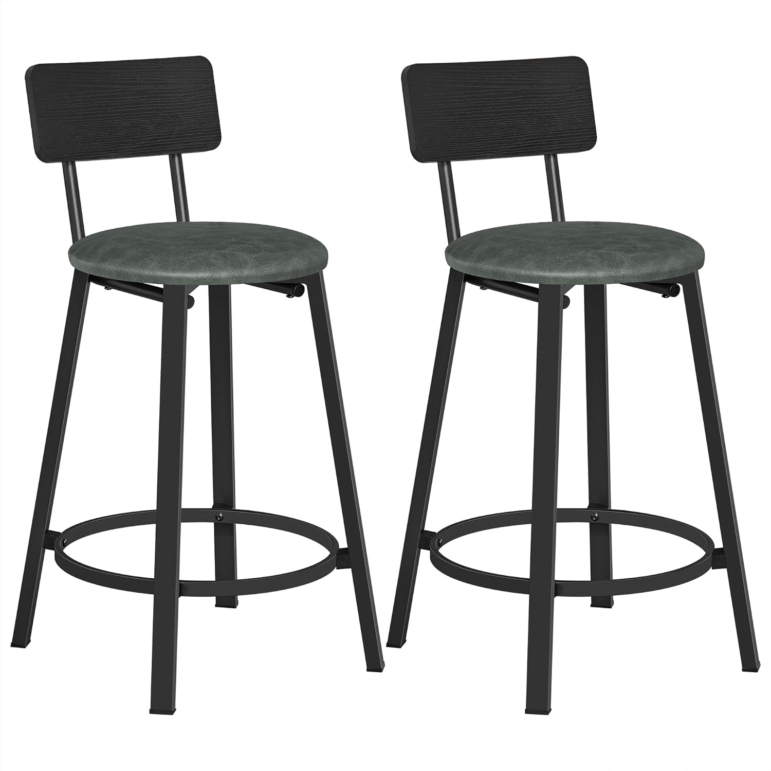 VASAGLE Bar Stools, Set of 2 PU Upholstered Breakfast Stools, 29.7-Inch Barstools with Back and Footrest, Simple Assembly, for Dining Room Kitchen Counter, Classic Black and Forest Green ULBC059C01