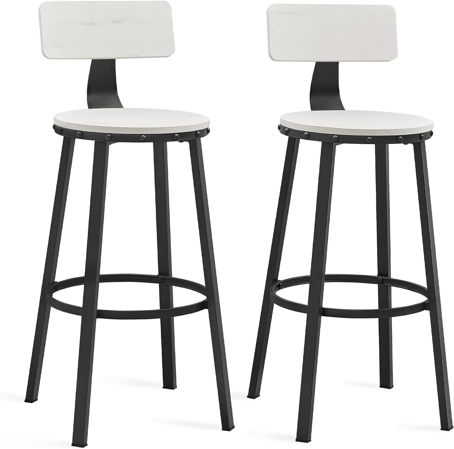 VASAGLE Bar Stools Set of 2, 28.7 Inches Barstools with Back, Counter Stools Bar Chairs with Backrest, Steel Frame, Easy Assembly, Industrial, Rustic White and Black ULBC026B73