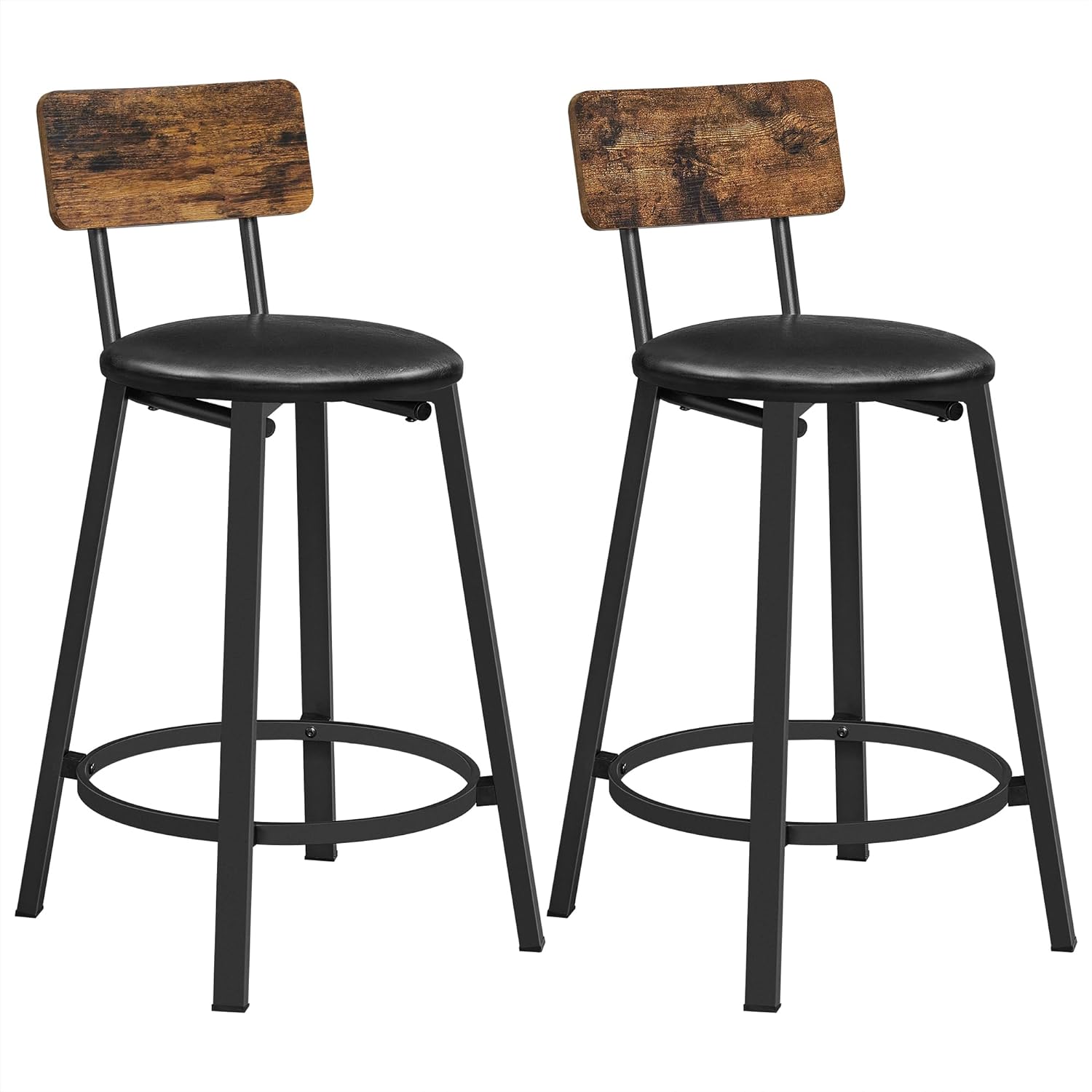 VASAGLE Bar Stools, Set of 2 PU Upholstered Breakfast Stools, 29.7 Inches Barstools with Back and Footrest, Simple Assembly, for Dining Room Kitchen Counter Bar, Rustic Brown and Black ULBC059B81