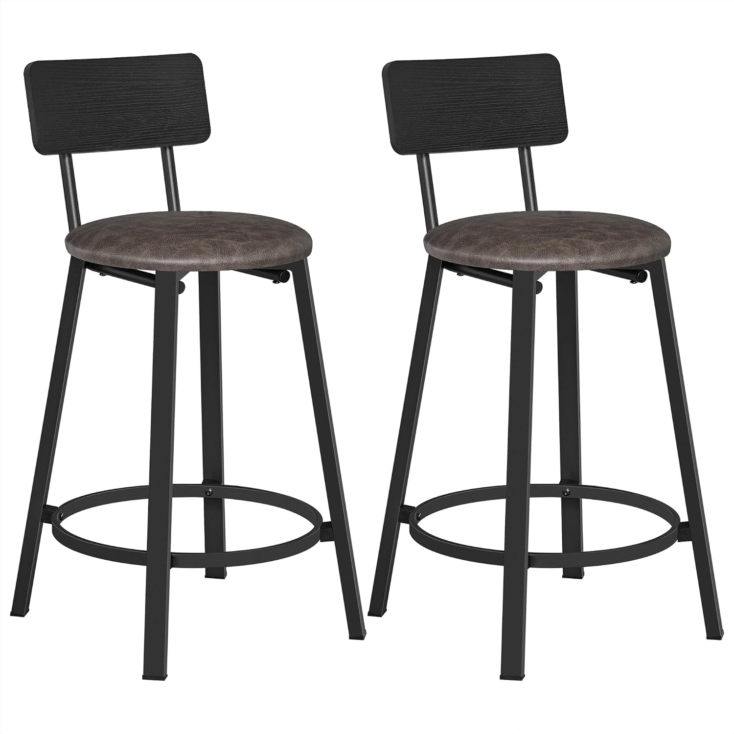 VASAGLE Bar Stools, Set of 2 PU Upholstered Breakfast Stools, 29.7-Inch Barstools with Back and Footrest, Simple Assembly, for Dining Room Kitchen Counter, Classic Black and Coffee Brown ULBC059B82