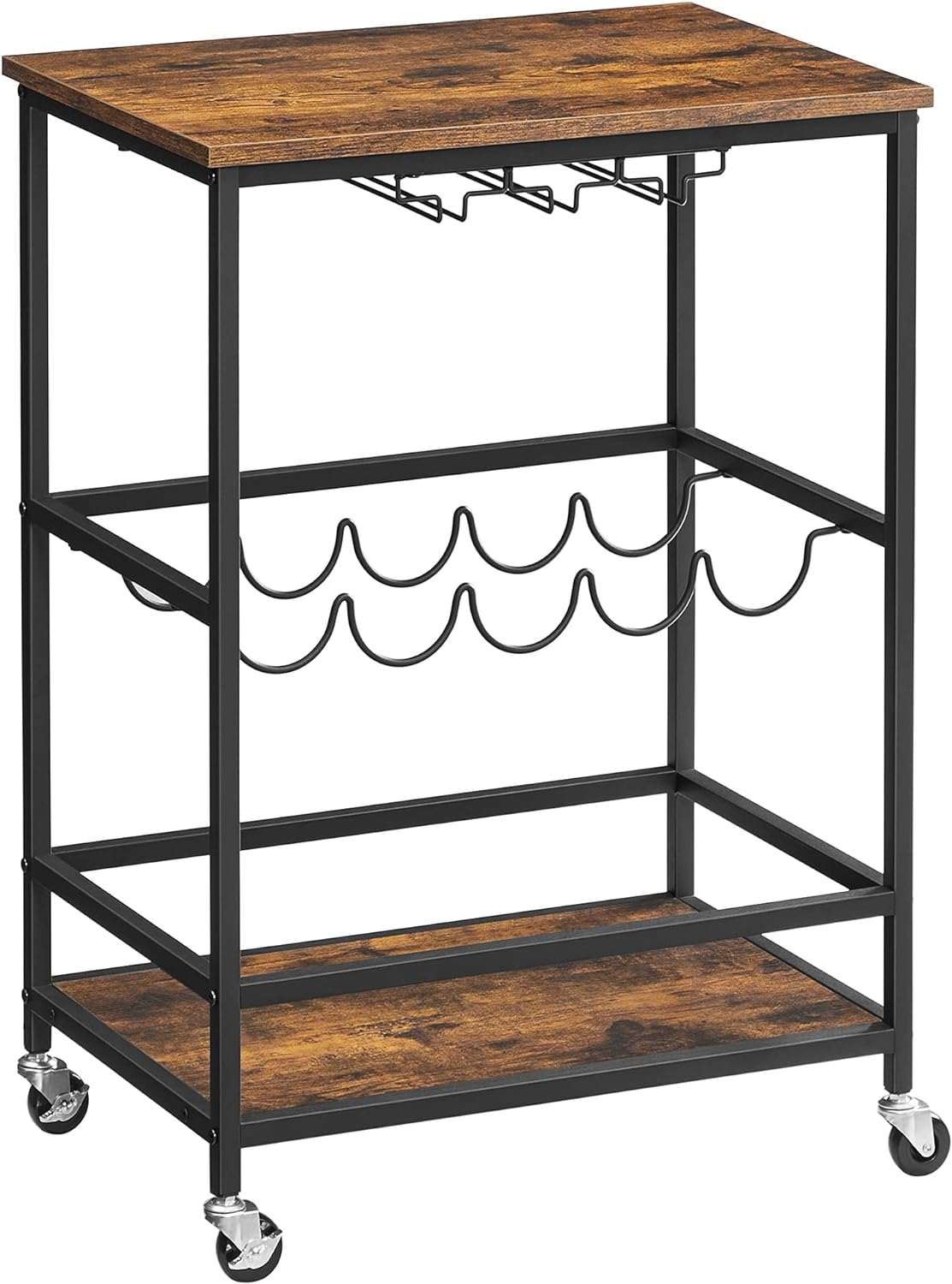 VASAGLE Bar Cart, Serving Cart with Wheels, Glass Stemware Rack and Wine Bottle Holders, 15.7 x 23.6 x 32.3 Inches, Industrial, Rustic Brown and Black ULRC087B01