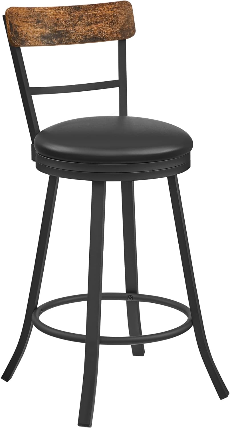 VASAGLE Swivel Bar Stools Counter Height, 25.8 Inch Barstools Chairs with Backs, Upholstered Cushioned Seat and Footrest, Easy Assembly, Industrial Steel Frame, Black and Rustic Brown ULBC077B01