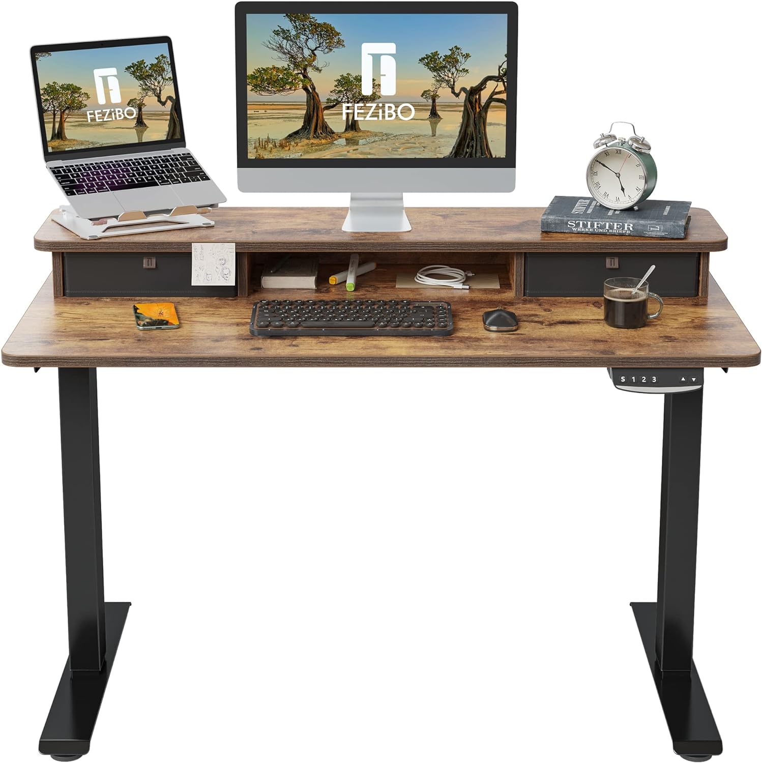 FEZIBO 48 x 24 Inch Height Adjustable Electric Standing Desk with Double Drawer, Stand Up Desk with Storage Shelf, Sit Stand Desk, Rustic Brown