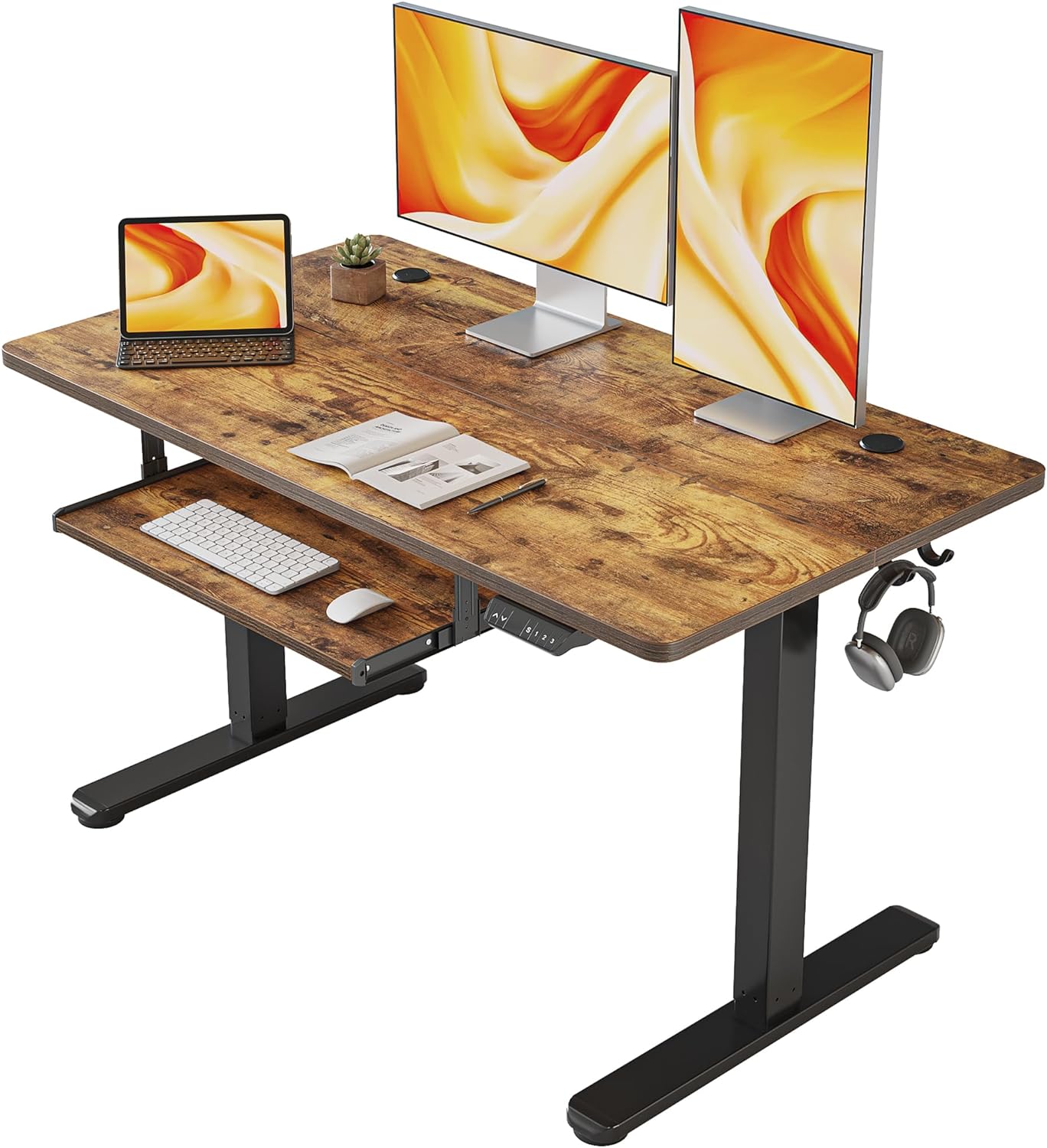 FEZIBO Standing Desk with Keyboard Tray, 48  24 Inches Electric Height Adjustable Desk, Sit Stand Up Desk, Computer Office Desk, Rustic Brown