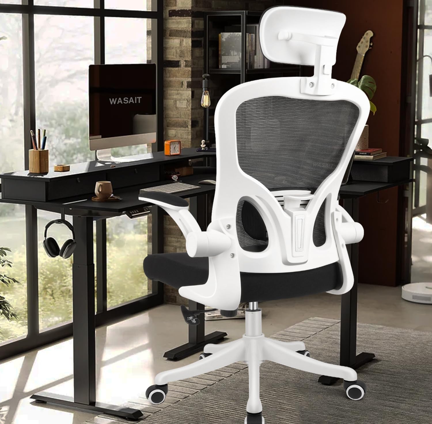 Wasait Ergonomic Desk Chair White Office Chair Computer Chair Study Chair with Back Support Comfy Rocking Work Chairs for Home Office Desk Chairs with Headrest and Adjustable Arms for Teens and Adults