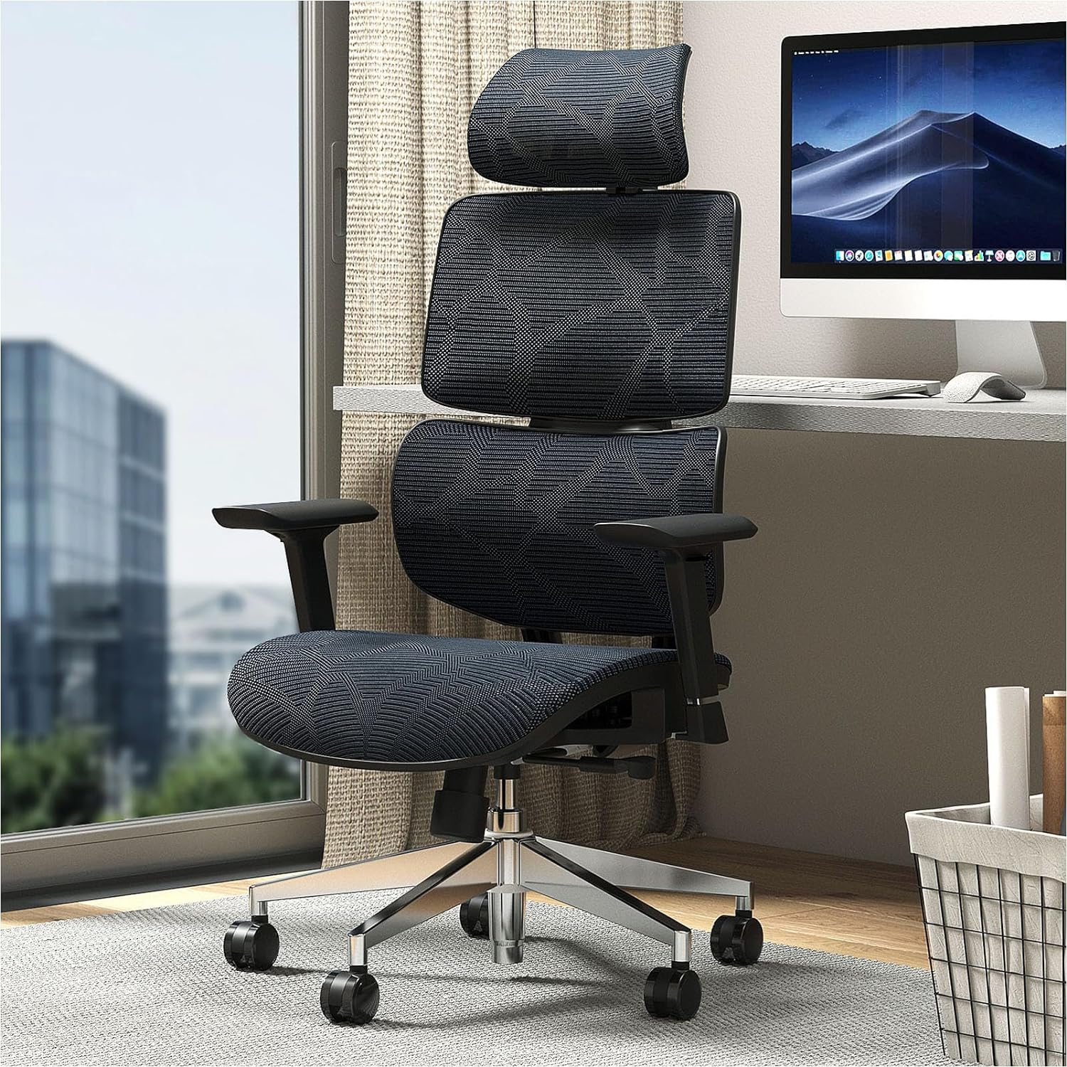 TONFARY Ergonomic Office Chair, Home Office Desk Chair with Lumbar Support, Adjustable Headrest Ergonomic Mesh Office Chair with 4D Armrests, Flexible Support Office Chair Waterfall Design