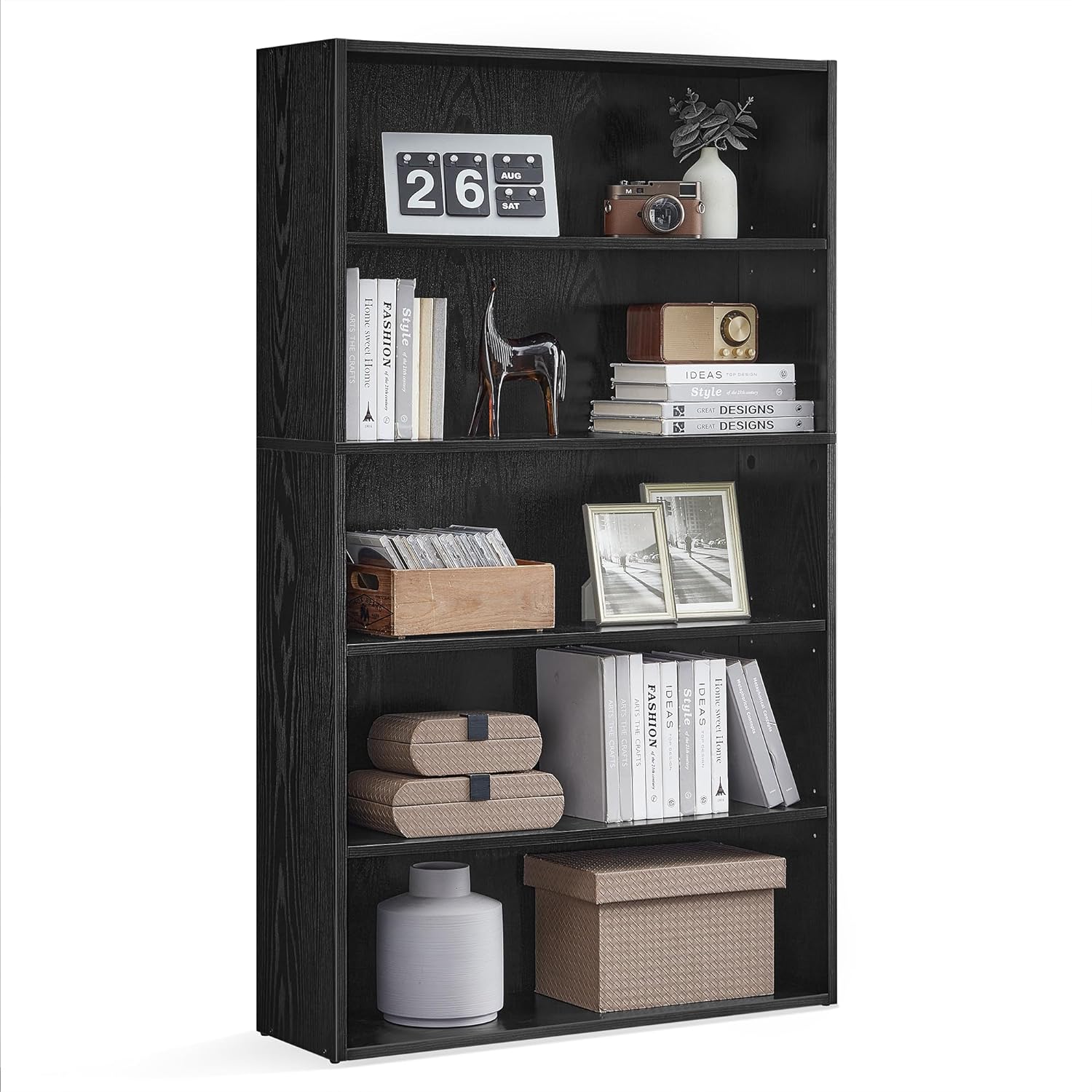 VASAGLE Bookshelf, 5-Tier Open Bookcase with Adjustable Storage Shelves, Floor Standing Unit, Ebony Black ULBC175T56