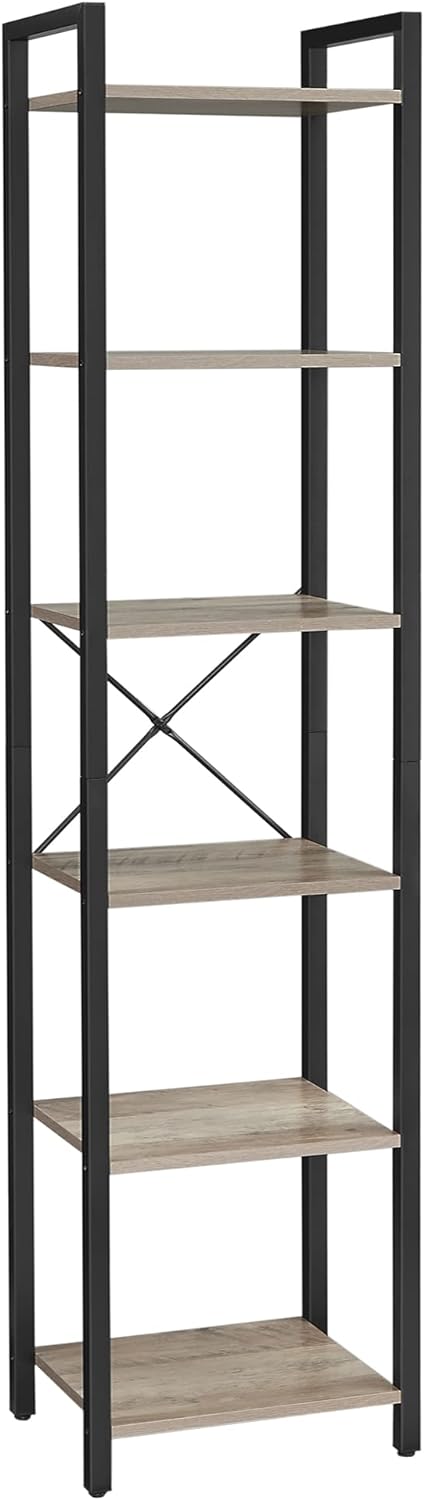 VASAGLE 6-Tier Tall Bookshelf, Skinny Book Shelf for Living Room, Narrow Bookcase, Home Office, 11.8 x 15.7 x 73.8 Inches, Industrial Style, Greige and Black ULLS101B02