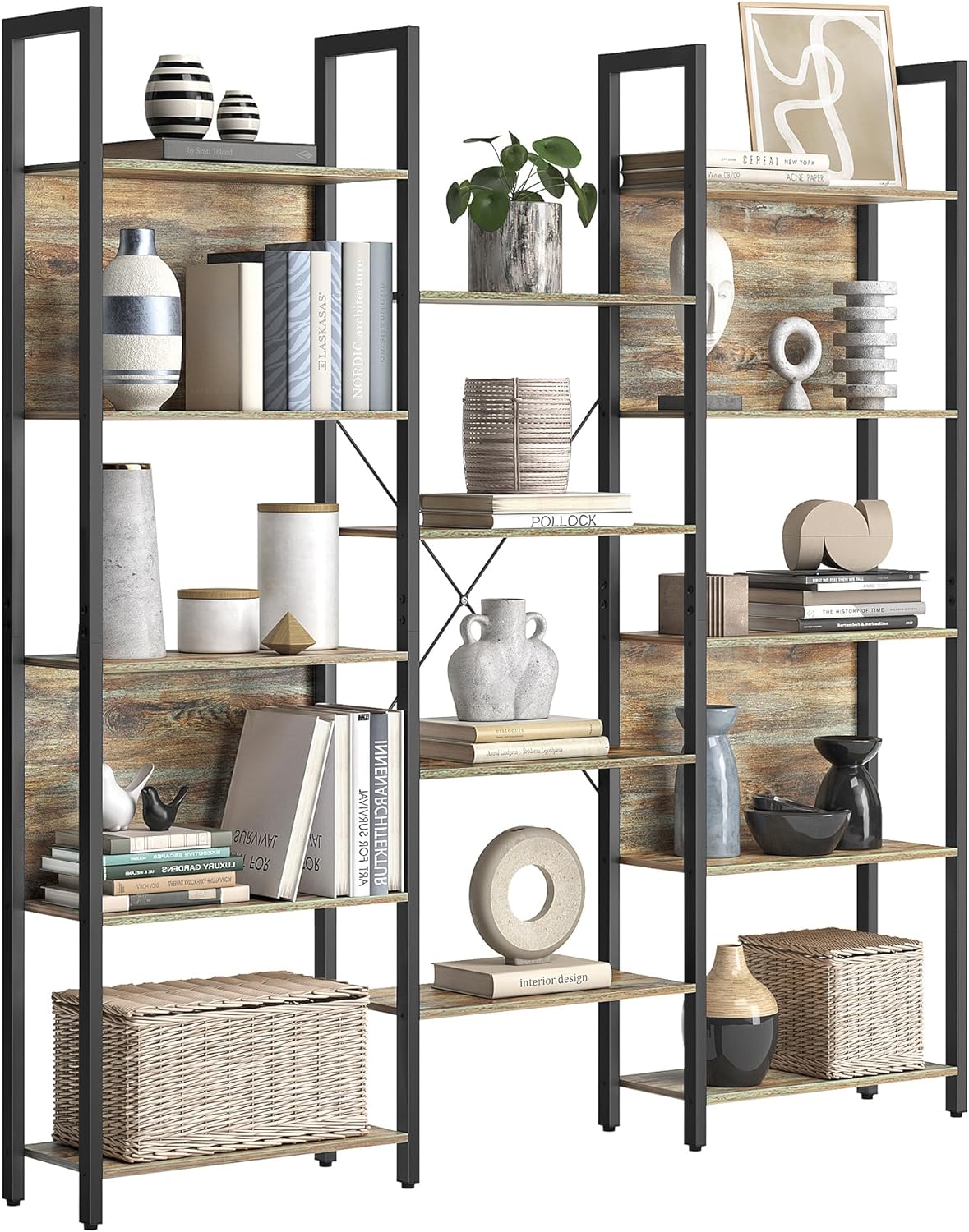 VASAGLE 5-Tier Bookcase with 14 Shelves, Book Shelf with Metal Frame, Bookshelf for Living Room, Home Office, Industrial Style, 9.4 x 62.2 x 65.4 Inches, Oak with Blue Grains and Black ULLS107B60