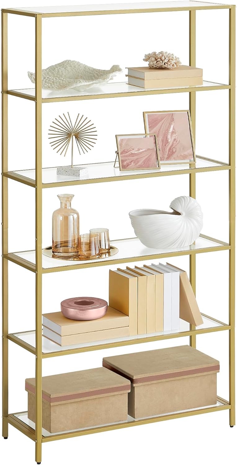 VASAGLE Bookcase, 6-Tier Bookshelf, Slim Shelving Unit for Bedroom, Bathroom, Home Office, Tempered Glass, Steel Frame, Metallic Gold ULGT503A01