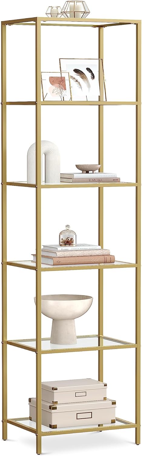 VASAGLE Bookcase, 6-Tier Bookshelf, Slim Shelving Unit for Bedroom, Bathroom, Home Office, Tempered Glass, Steel Frame, Metallic Gold ULGT500A01