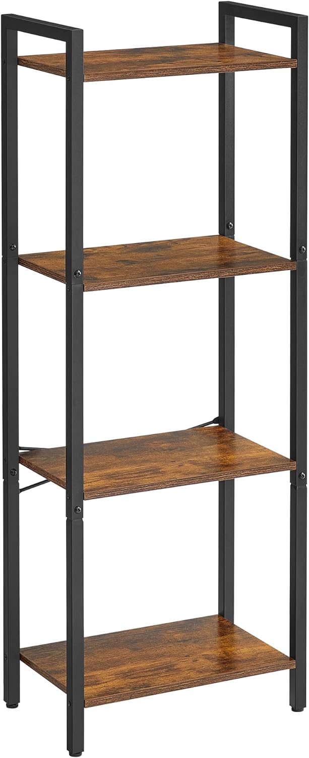 VASAGLE 4-Tier Industrial Style Rustic Brown and Black Narrow Bookcase for Small Spaces