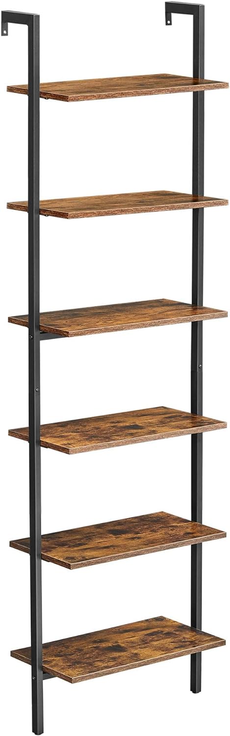 VASAGLE Industrial Ladder Shelf, 6-Tier Bookshelf, Wall Shelf for Living Room, Office, Kitchen, Bedroom, 23.6 x 11.8 x 80.6 Inches, Rustic Brown and Black ULLS103B01