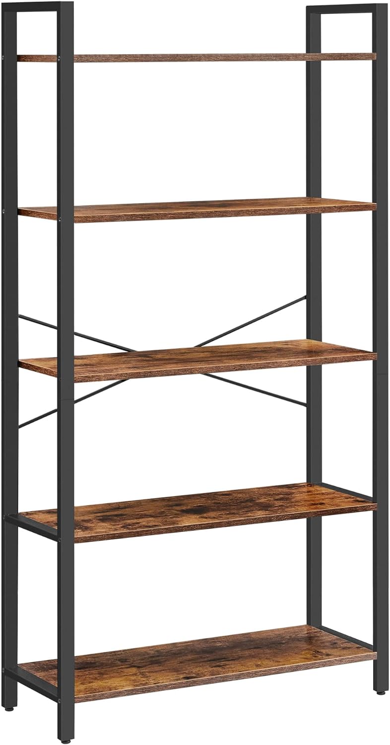 VASAGLE Bookshelf, 5-Tier Storage Rack with Steel Frame, for Living Room, Office, Study, Hallway, Industrial Style, Rustic Brown   Black, 11.8 x 31.5 x 60 inches