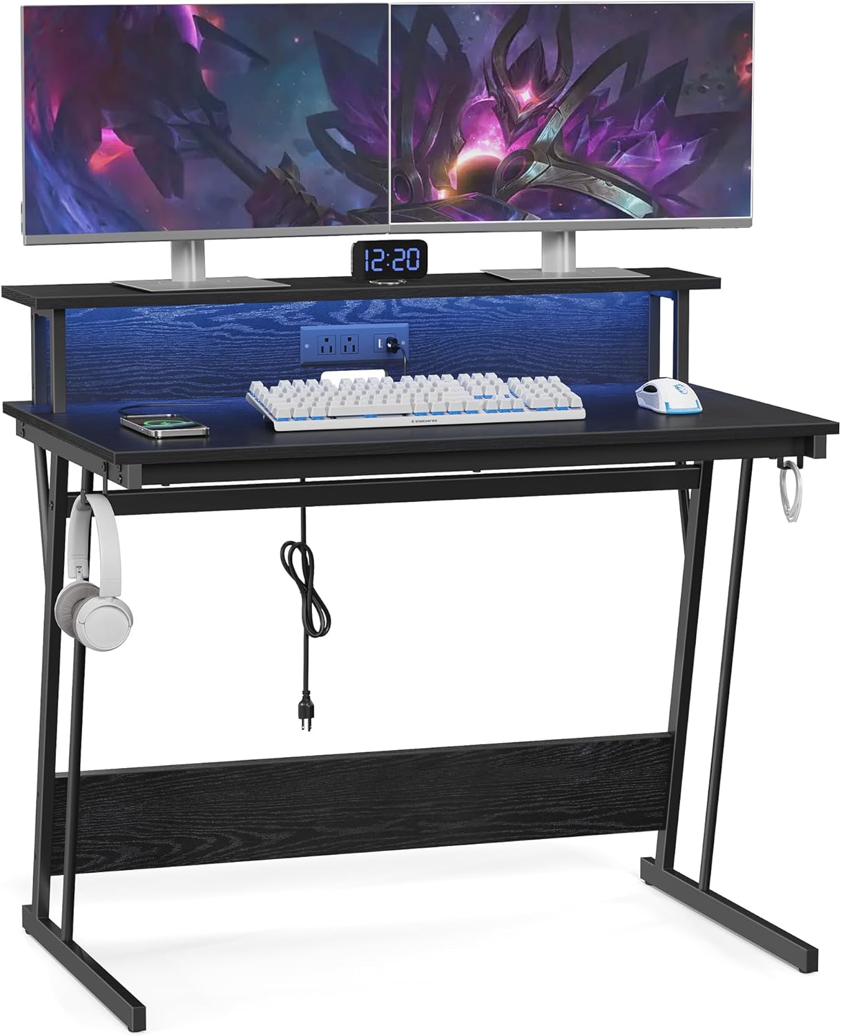 VASAGLE by SONGMICS HOME LED Gaming Desk with Power Outlets, Computer Desk with USB Ports, Office Desk with Monitor Stand for 2 Monitors, with Hooks, for Bedroom, 23.6 x 39.4 x 29.5 Inches Ebony Black