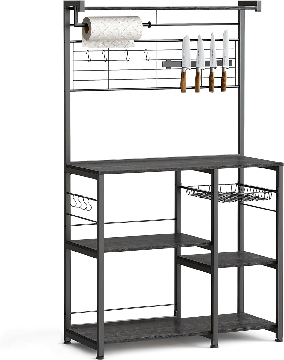 VASAGLE Bakers Rack with Magnetic Knife Holder, Paper Holder, Wire Basket, 8 Hooks, Organizers and Storage, Baker' Rack with Wire Basket, Ebonized Oak Finish and Black UKKS026B42