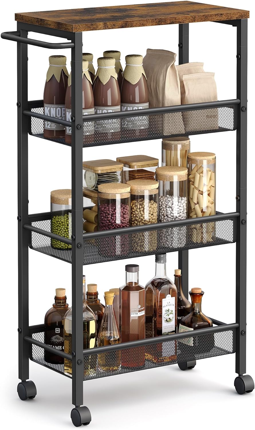 VASAGLE Slim Rolling Cart, 4-Tier Storage Cart, Narrow Cart with Handle, 8.7 Inches Deep, Metal Frame, for Kitchen, Dining Room, Living Room, Home Office, Rustic Brown and Classic Black ULRC033B01