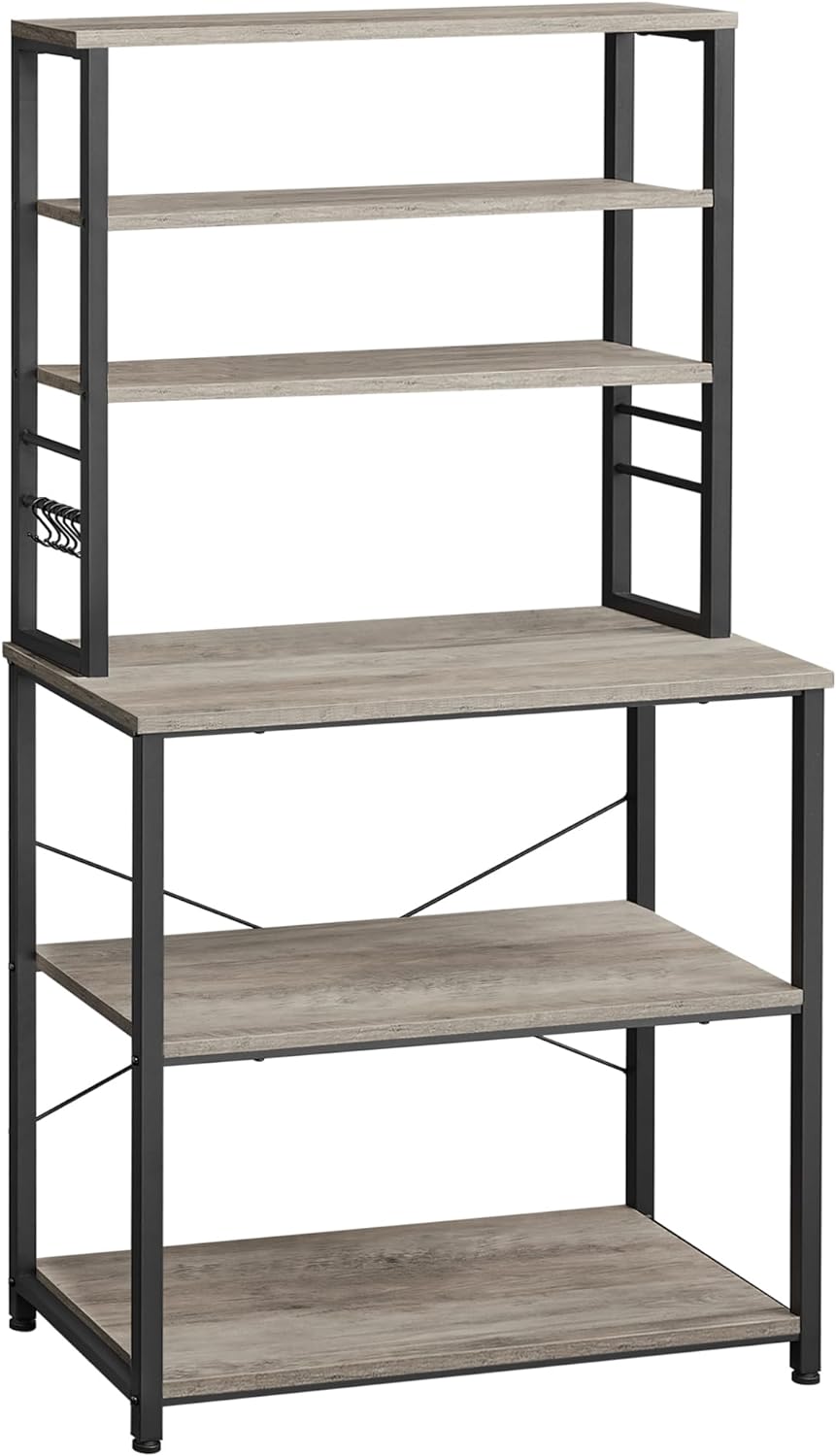 VASAGLE Coffee Bar, Bakers Rack for Kitchen with Storage, 6-Tier Kitchen Shelves with 6 Hooks, Microwave Stand, Industrial, 15.7 x 31.5 x 65.7 Inches, Greige and Black UKKS019B02