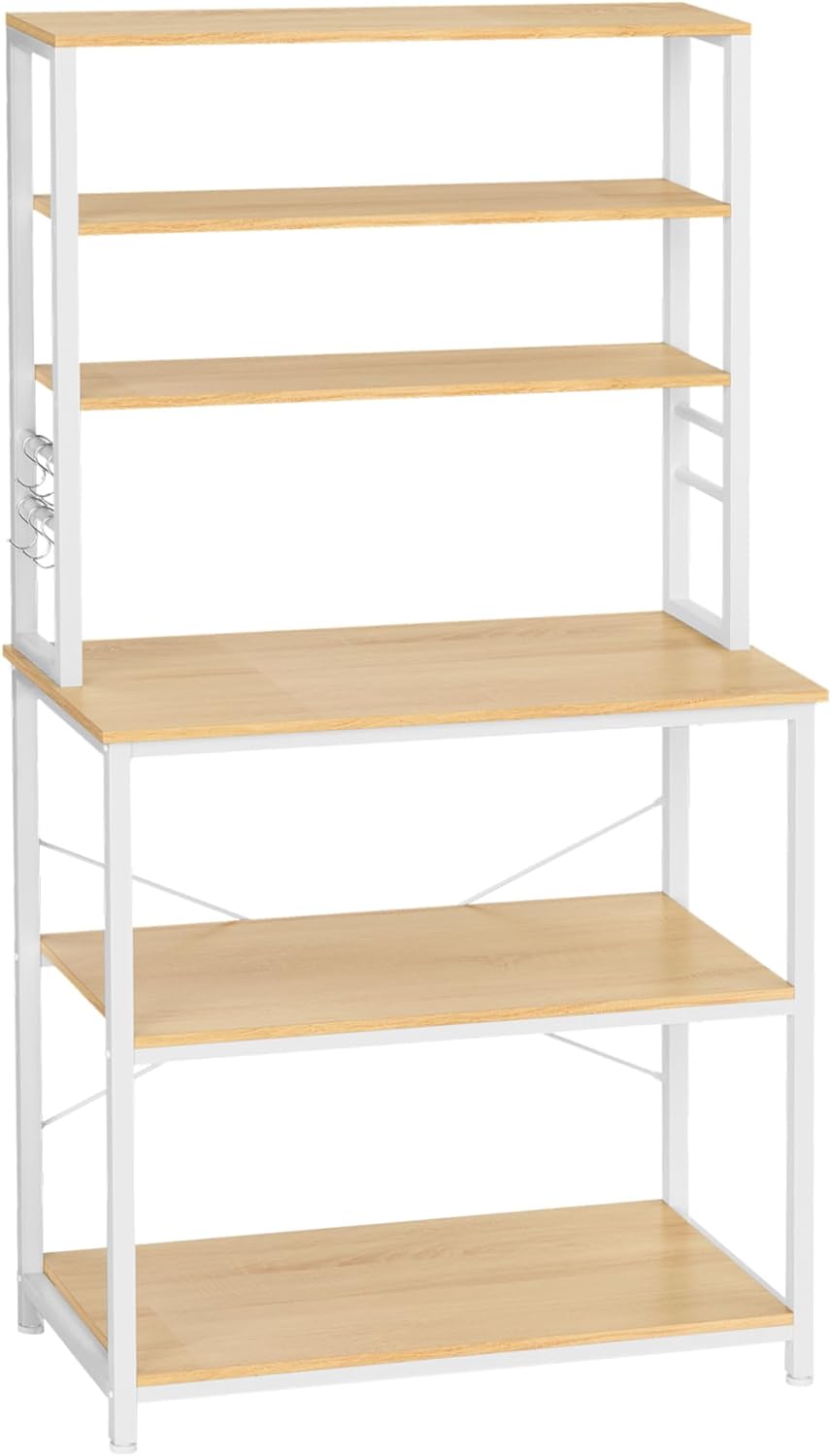 VASAGLE Coffee Bar, Bakers Rack for Kitchen with Storage, 6-Tier Kitchen Shelves with 6 Hooks, Microwave Stand, Industrial, 15.7 x 31.5 x 65.7 Inches, Oak Colour and White UKKS019W09