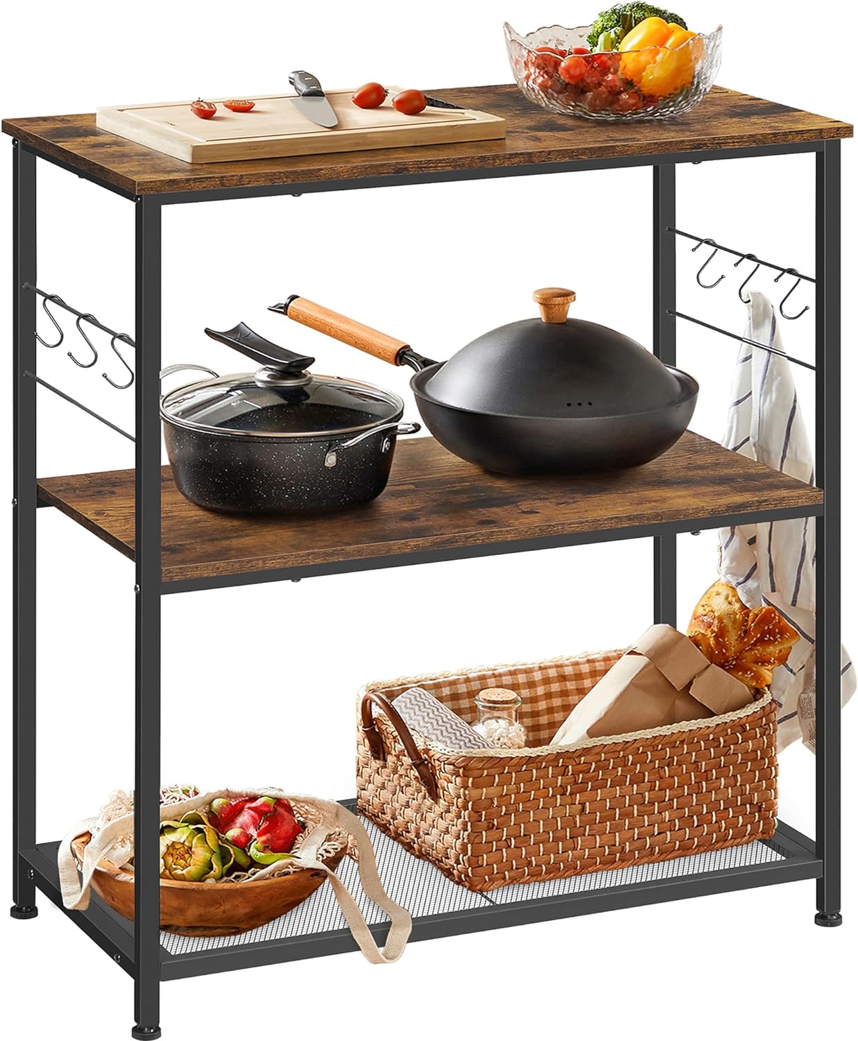 VASAGLE Bakers Rack, Kitchen Shelf, Kitchen Island, Microwave Oven Stand with 3 Open Shelves, 6 Hooks, Metal Frame, 15.7 x 31.5 x 35.4 Inches, Industrial, Rustic Brown and Black UKKI002B01