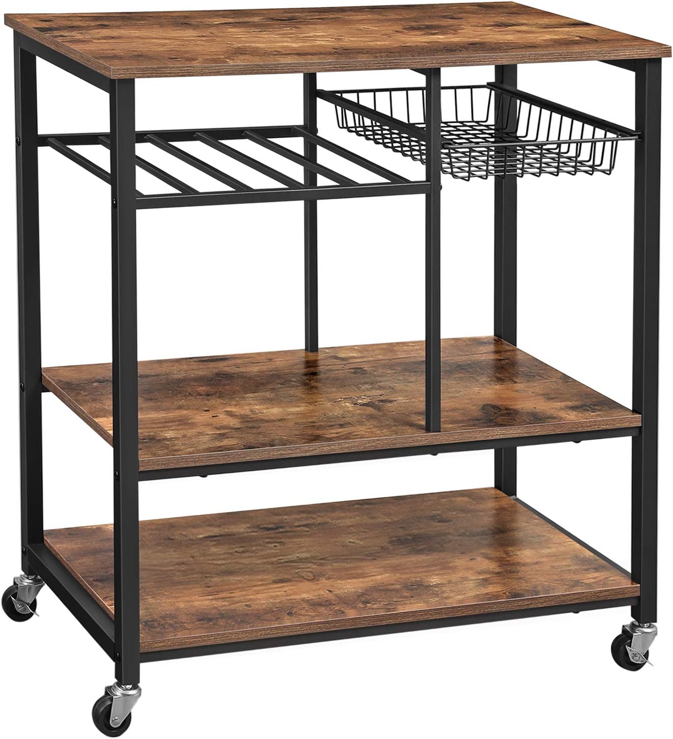 VASAGLE ALINRU Kitchen Cart, Food Storage Shelf with Metal Mesh Basket, Bottle Holder and Storage Shelves, 15.7 x 31.5 x 34.1 Inches, Industrial Style, Rustic Brown UKKS80X