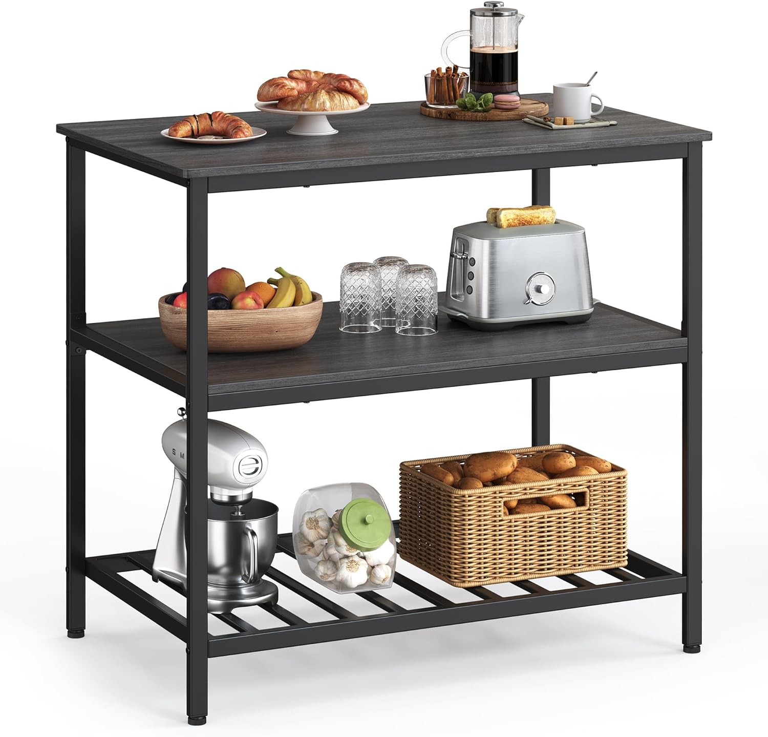 VASAGLE Kitchen Island with 3 Shelves, 39.4 Inches Kitchen Shelf with Large Worktop, Stable Steel Structure, Industrial, Easy to Assemble, Ebonised Oak and Black UKKI005B42